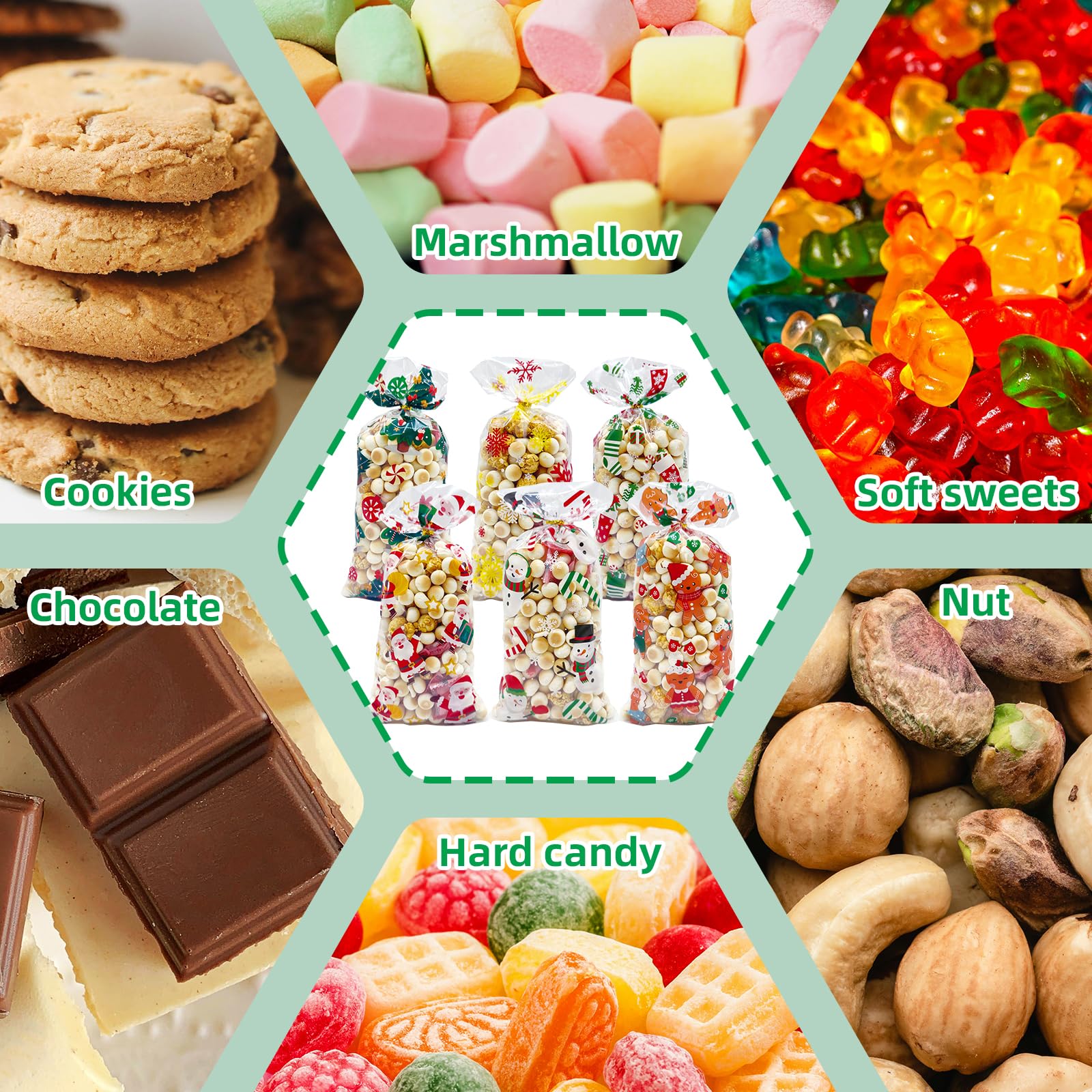 ONFAON Christmas Cellophane Treat Bags - 180pcs Holiday Candy Bags with 200pcs Twist Ties for Snacks, Cookies & Candy Packaging | Perfect for Christmas Party Favors, Gift Wrapping & Holiday Treat Bags