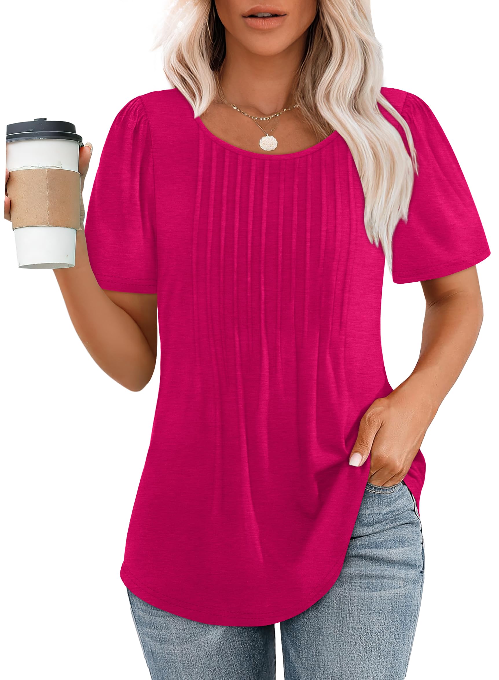 WIHOLL Women's Summer Short Sleeve Shirts - Dressy Casual Tops with Pleated Front - Perfect for Office Wear, Date Nights & Weekend Outings