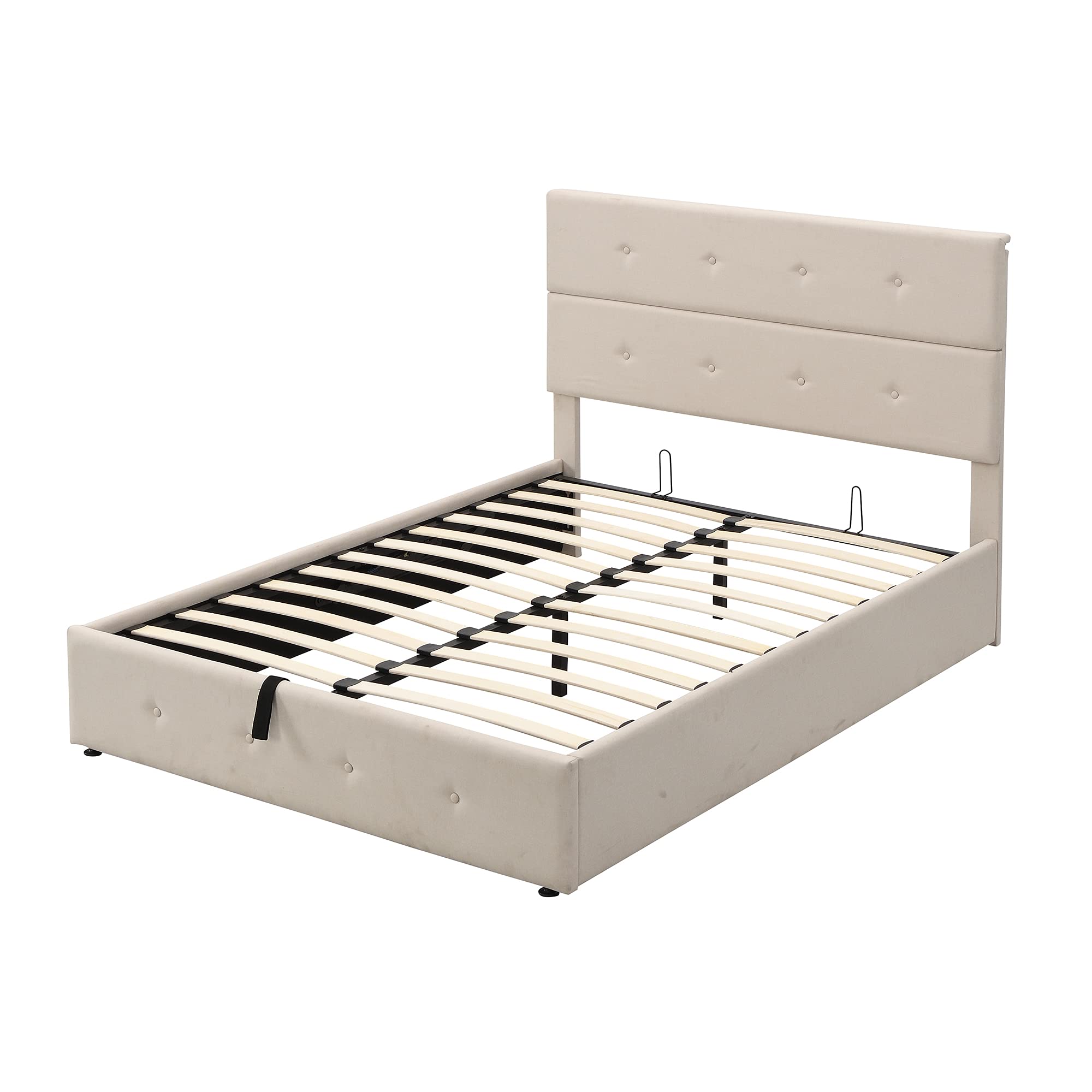 Full Upholstered Platform Bed with Underbed Storage | Metal Bed Frame with Lift-Up Storage & Button Tufted Linen Headboard | Beige Full Size Bed for Small Spaces & Guest Rooms
