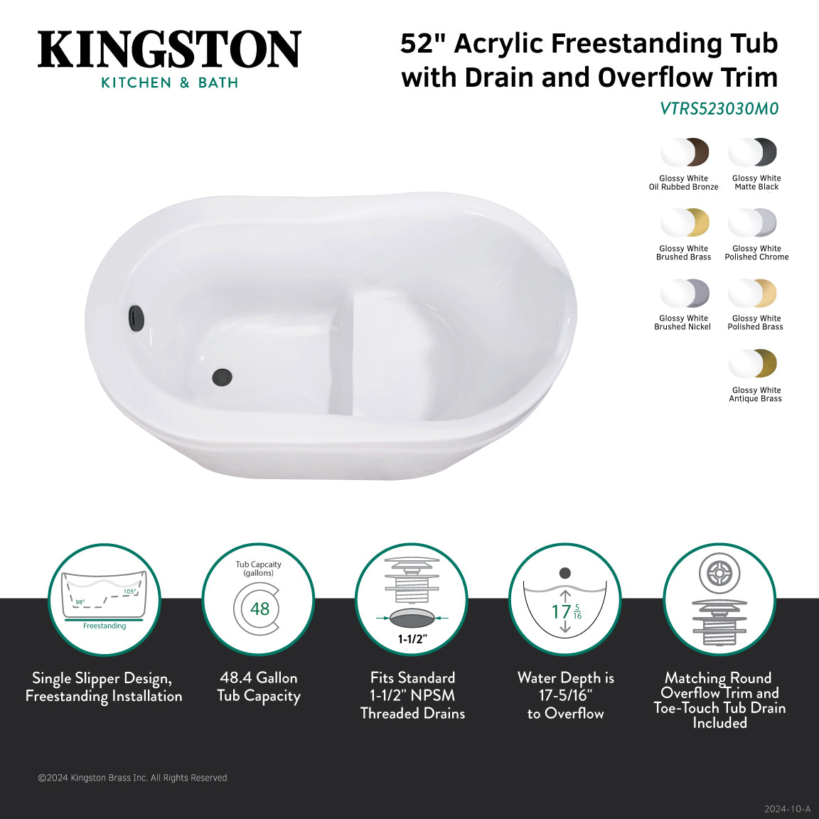 Aqua Eden 52 Inch Acrylic Oval Freestanding Bathtub with Overflow Drain & Built-in Seat - Glossy White & Polished Brass | Spa-Like Soaking Experience for Modern Bathrooms & Luxury Home Retreats