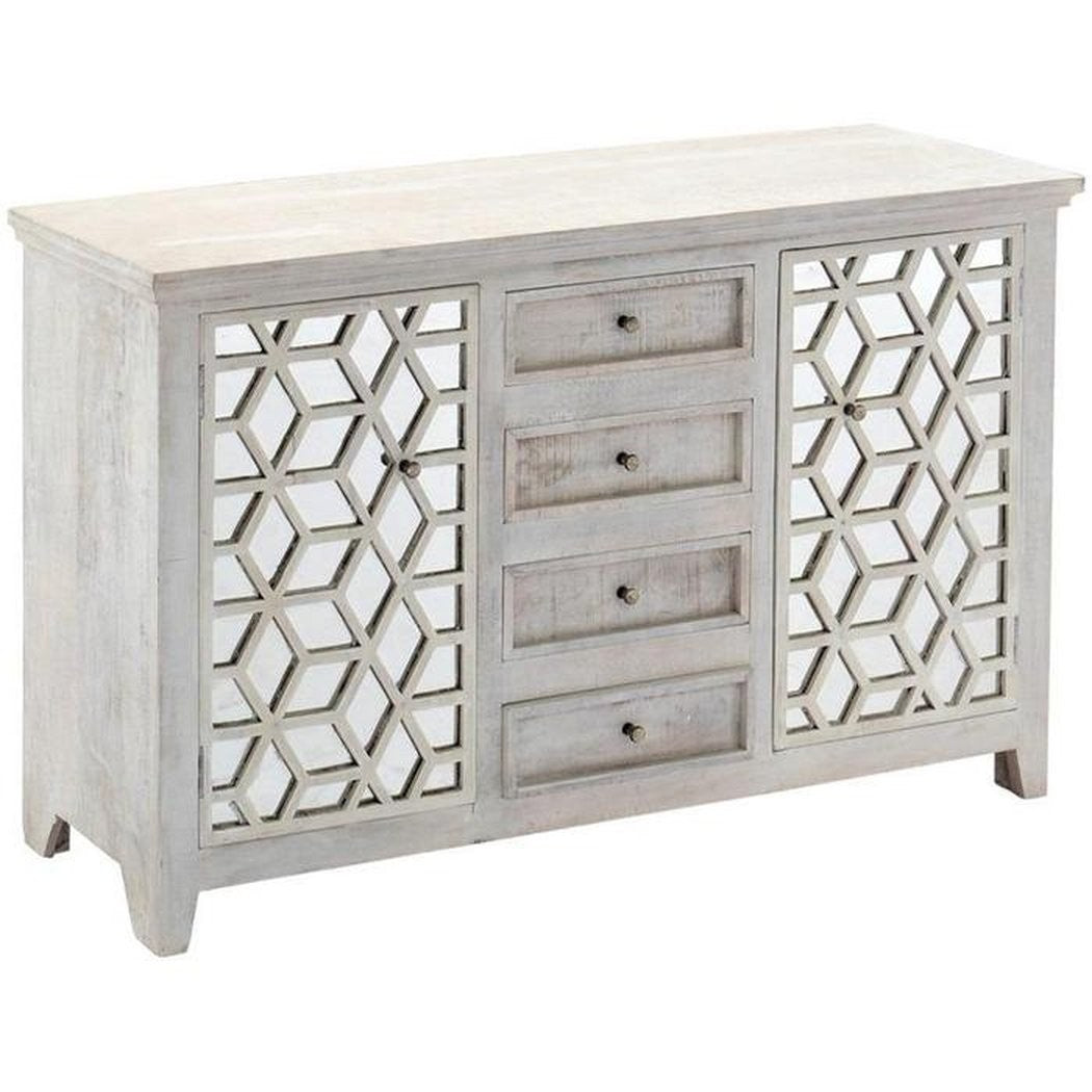 French Arched Hand Carved White Mirrored Sideboard with 4 Drawers & 2 Doors - Elegant Entryway Console & Dining Room Buffet for Home Decor