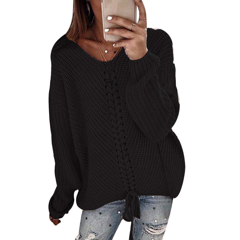 Women's V-Neck Pullover Sweater - Lace-Up Long Sleeve Cable Knit Loose Fit Jumper Top for Casual Wear & Fall Fashion