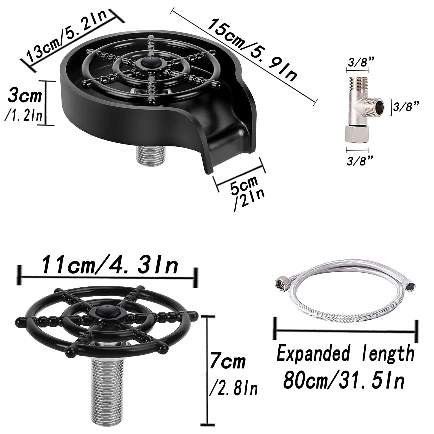 Stainless Steel Glass Rinser for Kitchen Sink - 9 Powerful Jet Bottle & Cup Washer Cleaner - Bar Sink Accessory for Home, Restaurant (Black) | Perfect for Wine Glasses, Beer Mugs & Barware Cleaning