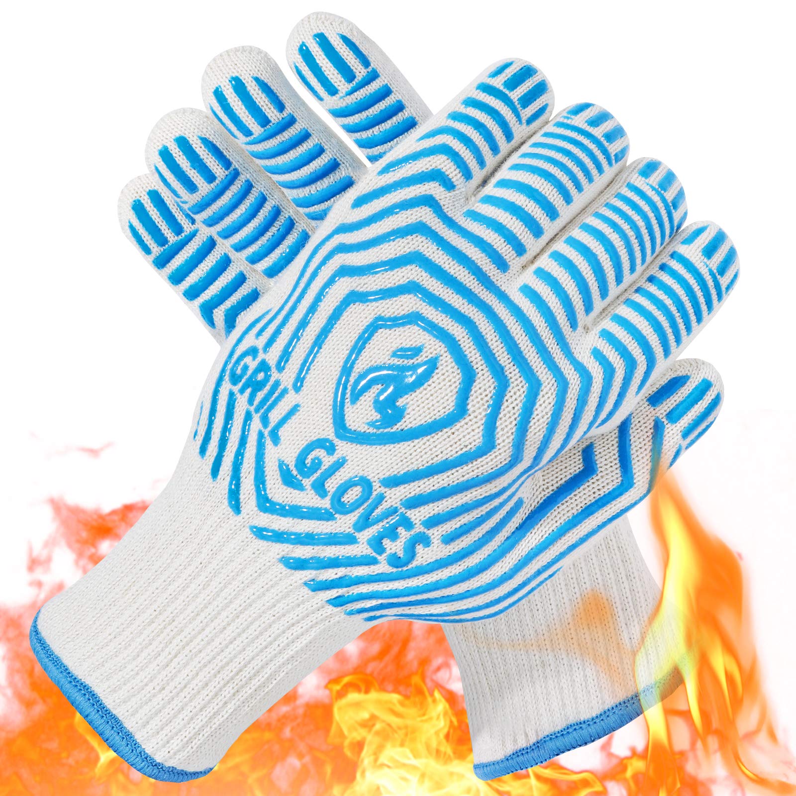 QUWIN Heat Resistant BBQ Gloves - 1472℉ Extreme Heat Protection, Non-Slip Silicone Oven Mitts for Grilling, Cooking & Baking - Perfect for Outdoor BBQ, Camping & Kitchen Use (Blue, One Size Fits Most)