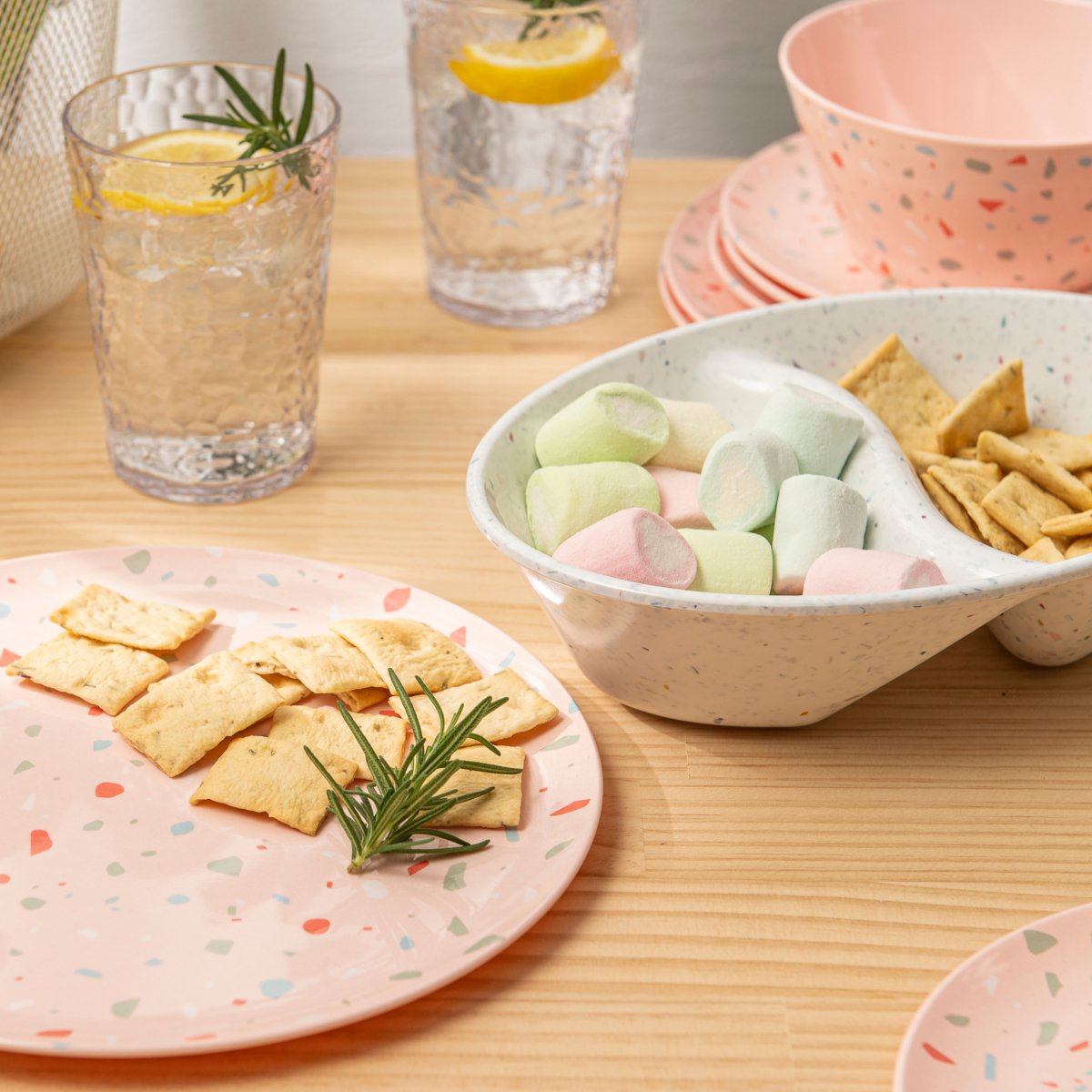 12-Piece Outdoor Dinnerware Set - Pink Confetti Design - Durable Melamine Plates, Bowls & Cups - Perfect for Picnics, BBQs, and Pool Parties