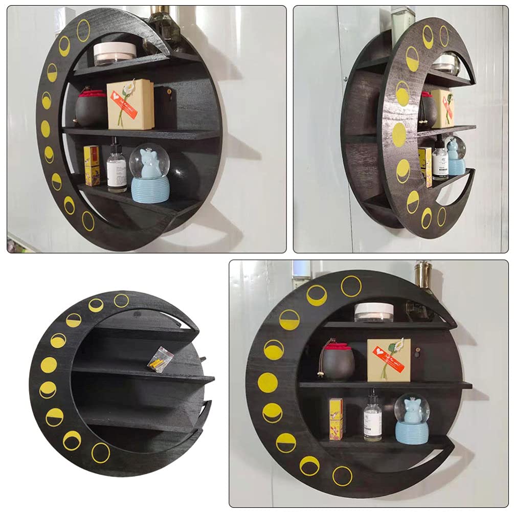 DOITOOL Moon Shape Floating Wall Shelf - Wooden Storage Rack for Essential Oils, Books & Decor - Black Wall Mounted Shelves for Living Room, Bathroom & Bedroom Organization
