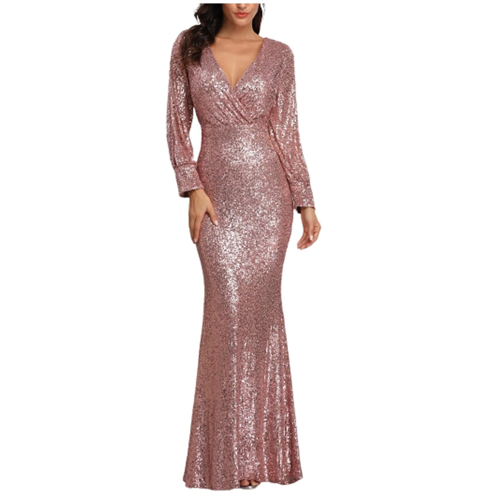 Elegant Sequin Glitter Formal Dress for Women - Long Sleeve V-Neck Bodycon Evening Gown for Party, Homecoming, Prom & Special Occasions | Perfect for Cocktail Parties, Weddings & Night Out Events