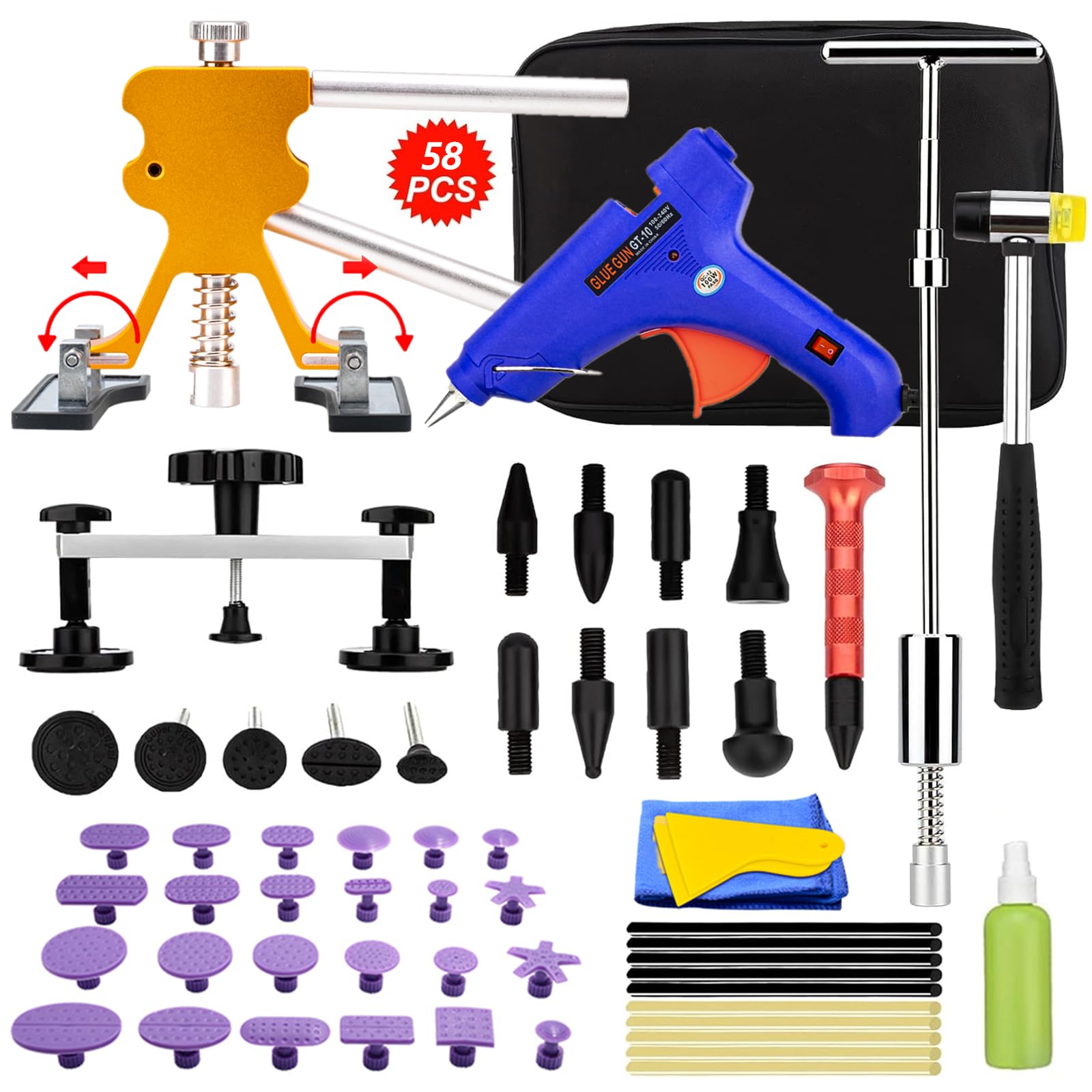 58-Piece Auto Body Paintless Dent Removal Kit – Car Dent Puller with Golden Lifter, Bridge Puller & Glue Gun – Repair Hail Damage & Door Dings – DIY Car Body Repair for Sedans, SUVs & Trucks