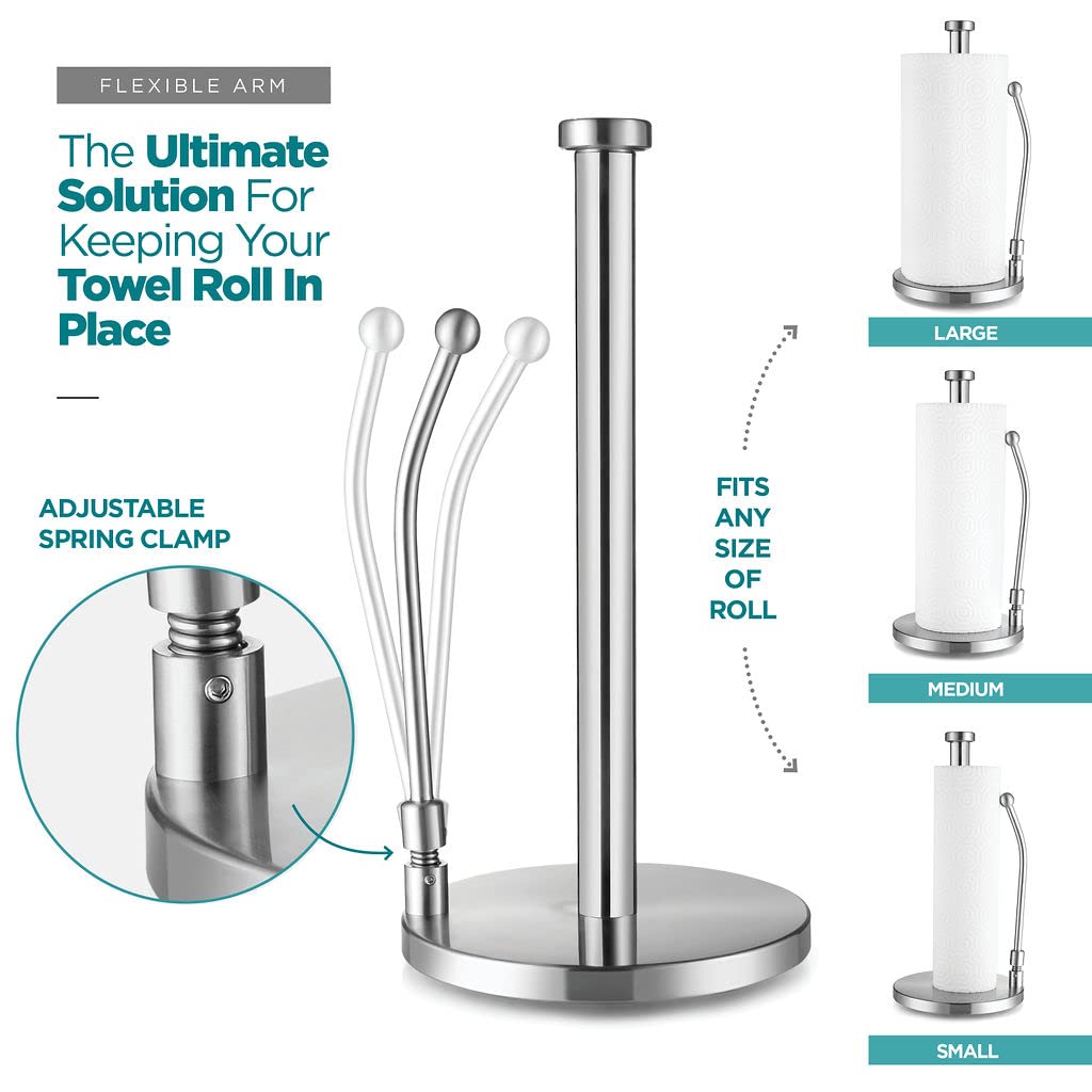Sagler Stainless Steel Paper Towel Holder - Adjustable Spring Arm & Weighted Base Standing Dispenser for Kitchen, Bathroom, Office | Durable & Space-Saving Design for Countertops & Cabinets