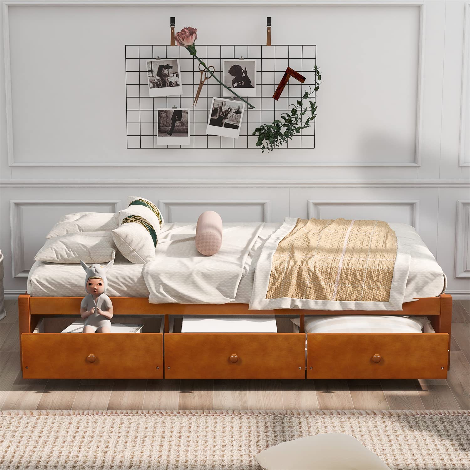 Minimalist Oak Wood Daybed with 3 Drawers - Twin Size Captain's Storage Platform Bed | Multi-Functional Sofa Bed Frame for Living Room & Guest Bedroom | No Box Spring Needed | Perfect for Small Spaces, Studio Apartments & Home Offices