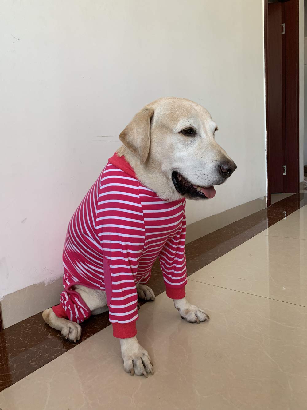 Large Dog Striped Jumpsuit - 4-Legged Cotton Pajamas with Zipper for XL Dogs (Size 9, Pink) | Warm Pet Clothes for Winter, Halloween Costume & Indoor Lounging