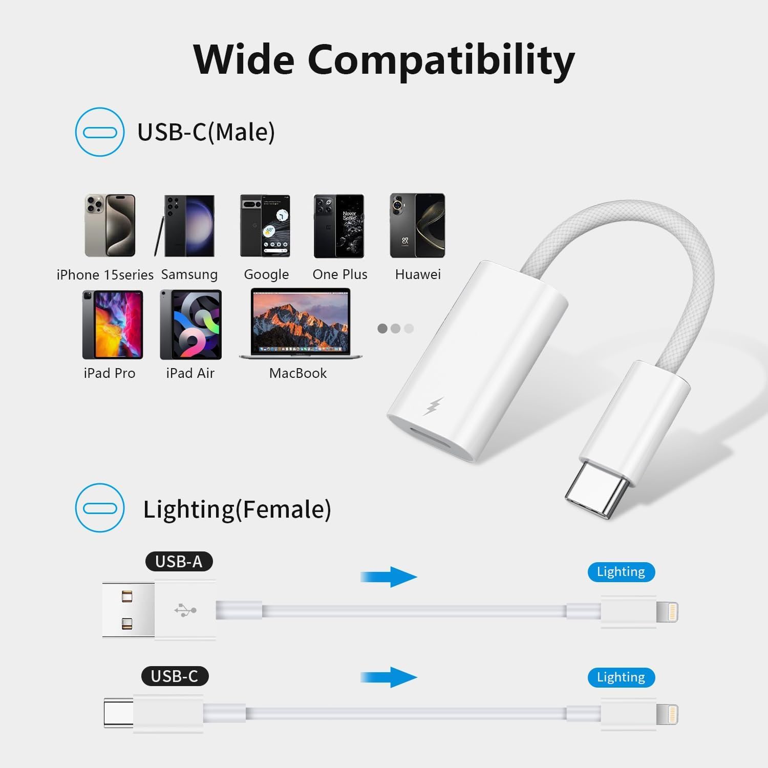 Vcddom Lightning to USB C Adapter for iPhone 15 - 60W PD Fast Charging Cable - USB C Male to Lightning Female Connector - Perfect for Travel, Home & Office Charging