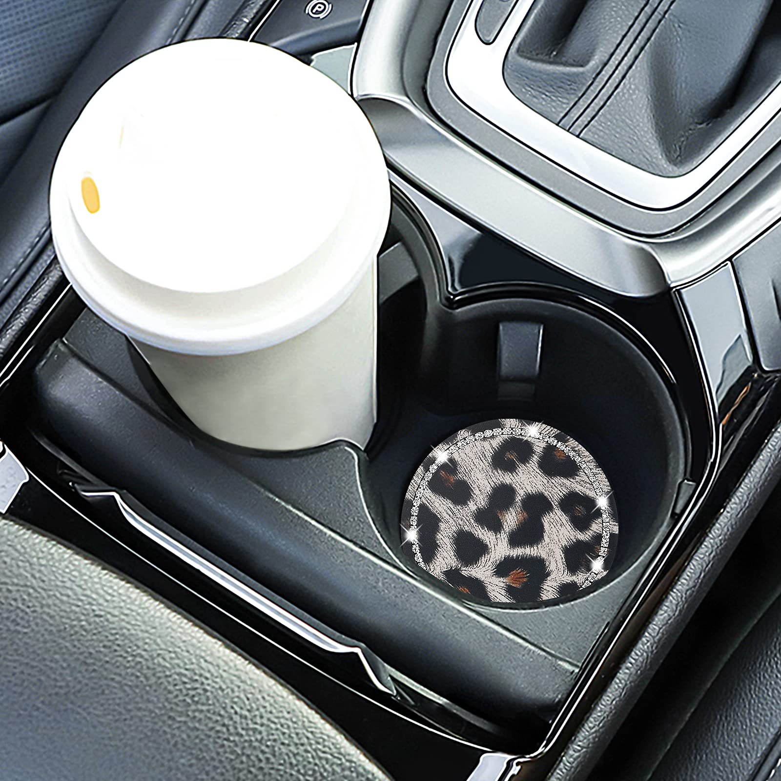 Universal Car Cup Holder Coasters - Bling Diamond Leopard Design, 4-Pack Silicone Drink Coasters for Women's Vehicle Accessories | Perfect for Coffee, Soda & Water Bottles in Cars (White Leopard)