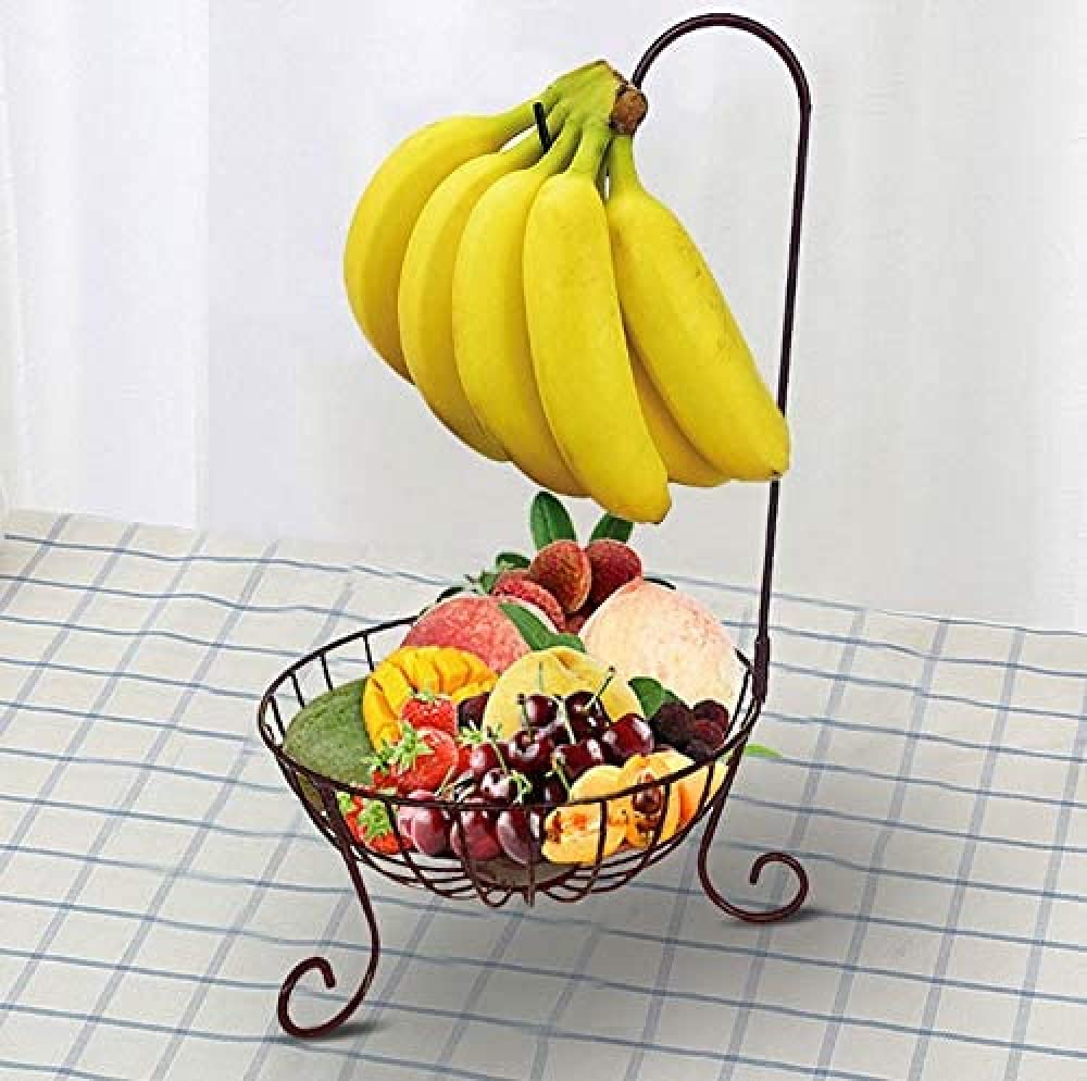 Stainless Steel Fruit Basket with Banana Holder - Modern Fruit Bowl & Storage Organizer for Kitchen Countertop, Dining Table, Office Desk - Durable Metal Banana Hook for Fresh Produce Display