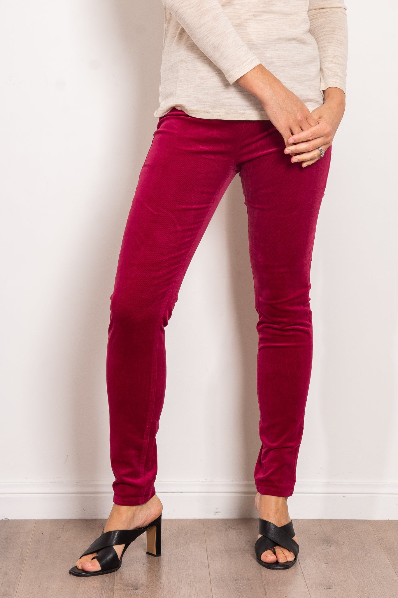 Vassalli Women's Fine Skinny Corduroy Pull On Pants - Stretch Comfort Fit High Waisted Trousers for Work, Office & Casual Wear