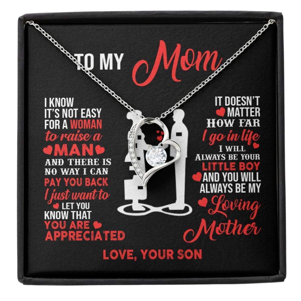 Personalized Mom Necklace - Heart Pendant Jewelry Gift for Mother's Day from Son | Engraved Message Card & Gift Box Included | Perfect Birthday, Christmas, Anniversary Present for Mom, Grandma, Wife | Wear Daily or Special Occasions