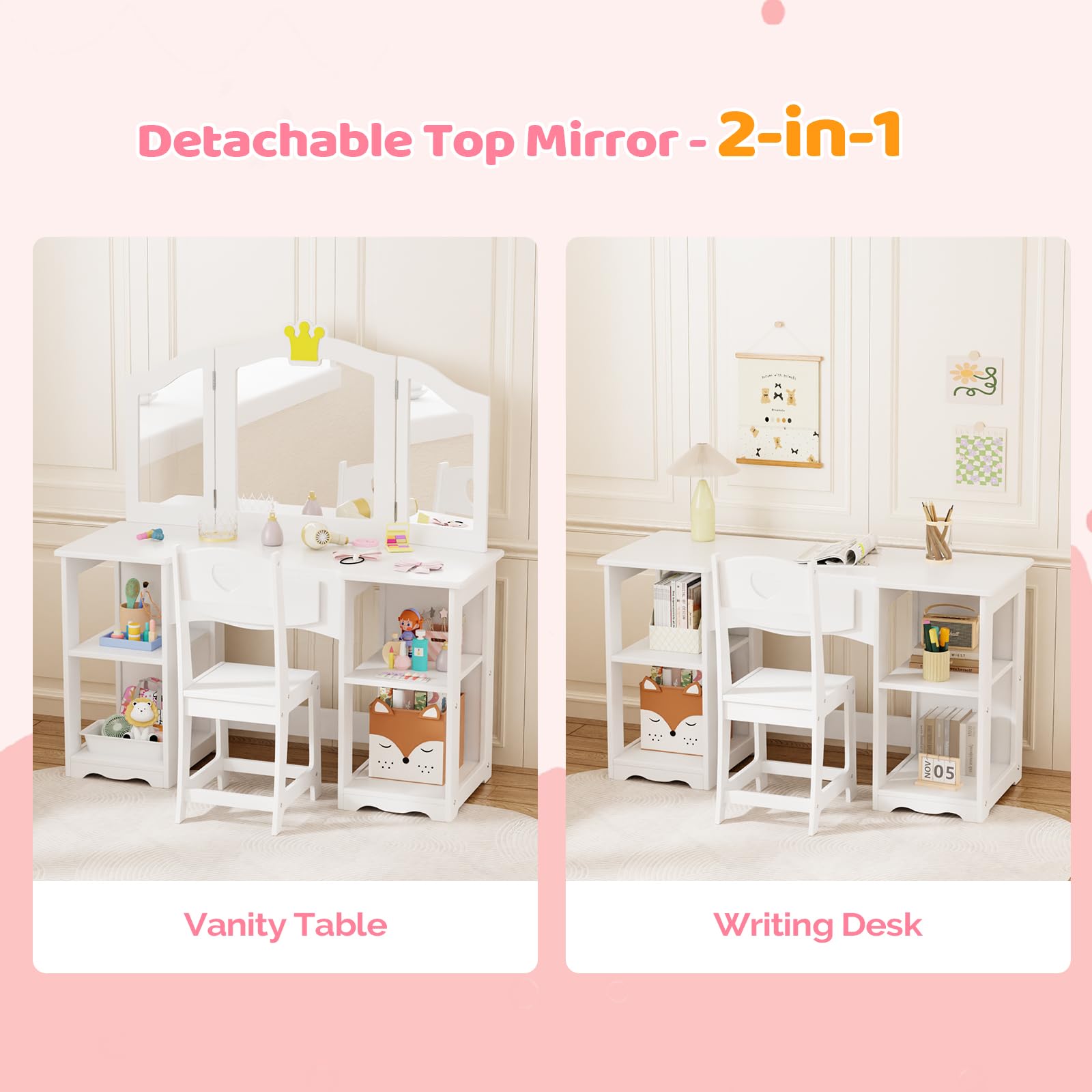JOYMOR Kids Vanity Table and Chair Set - 2-in-1 Princess Vanity with Tri-Folding Mirror & Storage Cabinet | Perfect Birthday & Holiday Gift for Girls | White | Ideal for Bedroom, Playroom & Pretend Play