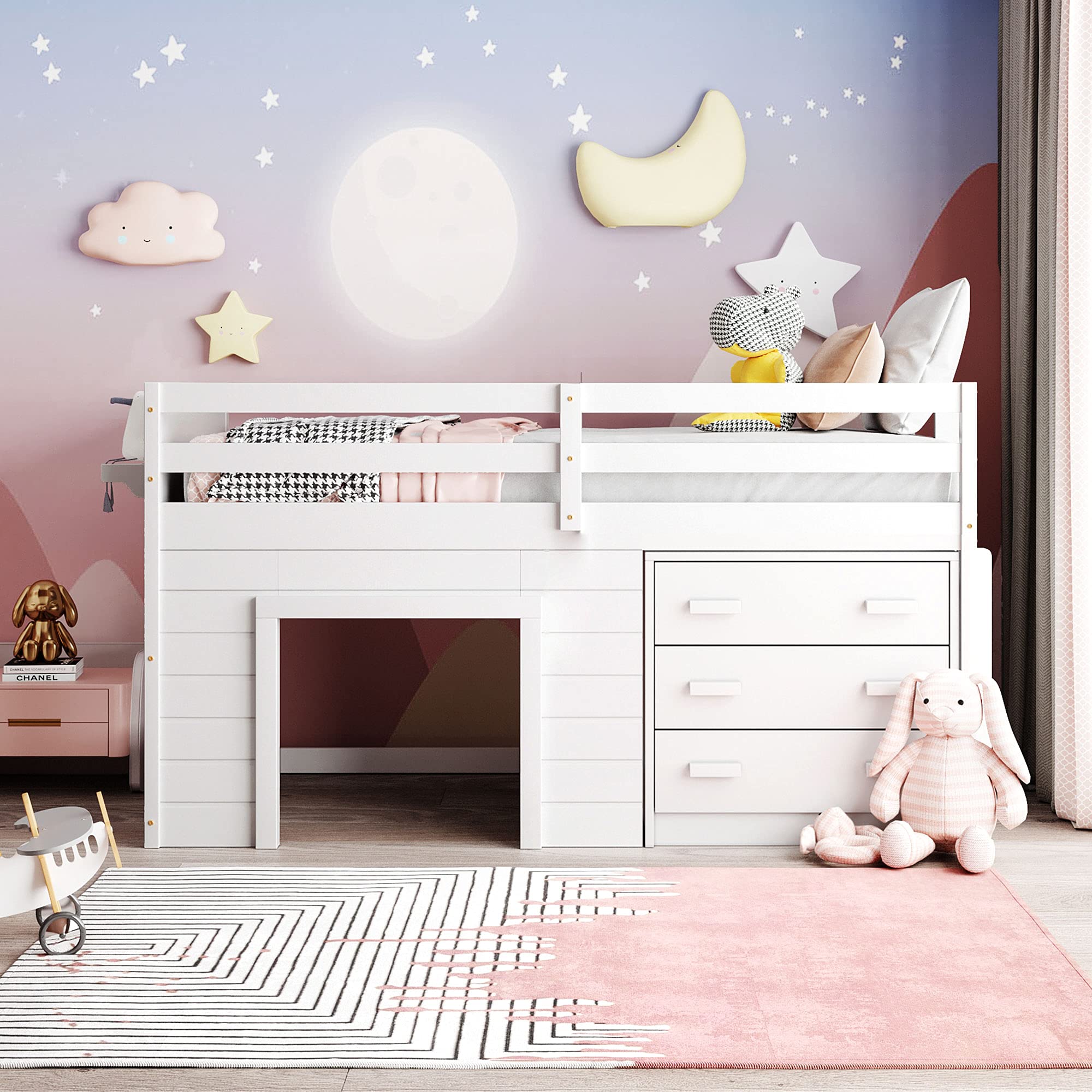 Twin Size Loft Bed with 3 Wide Drawers & Shelves - Sturdy Wooden Bunk Bed for Teens & Adults - Space-Saving Furniture for Small Bedrooms, Dorms & Apartments - No Box Spring Needed