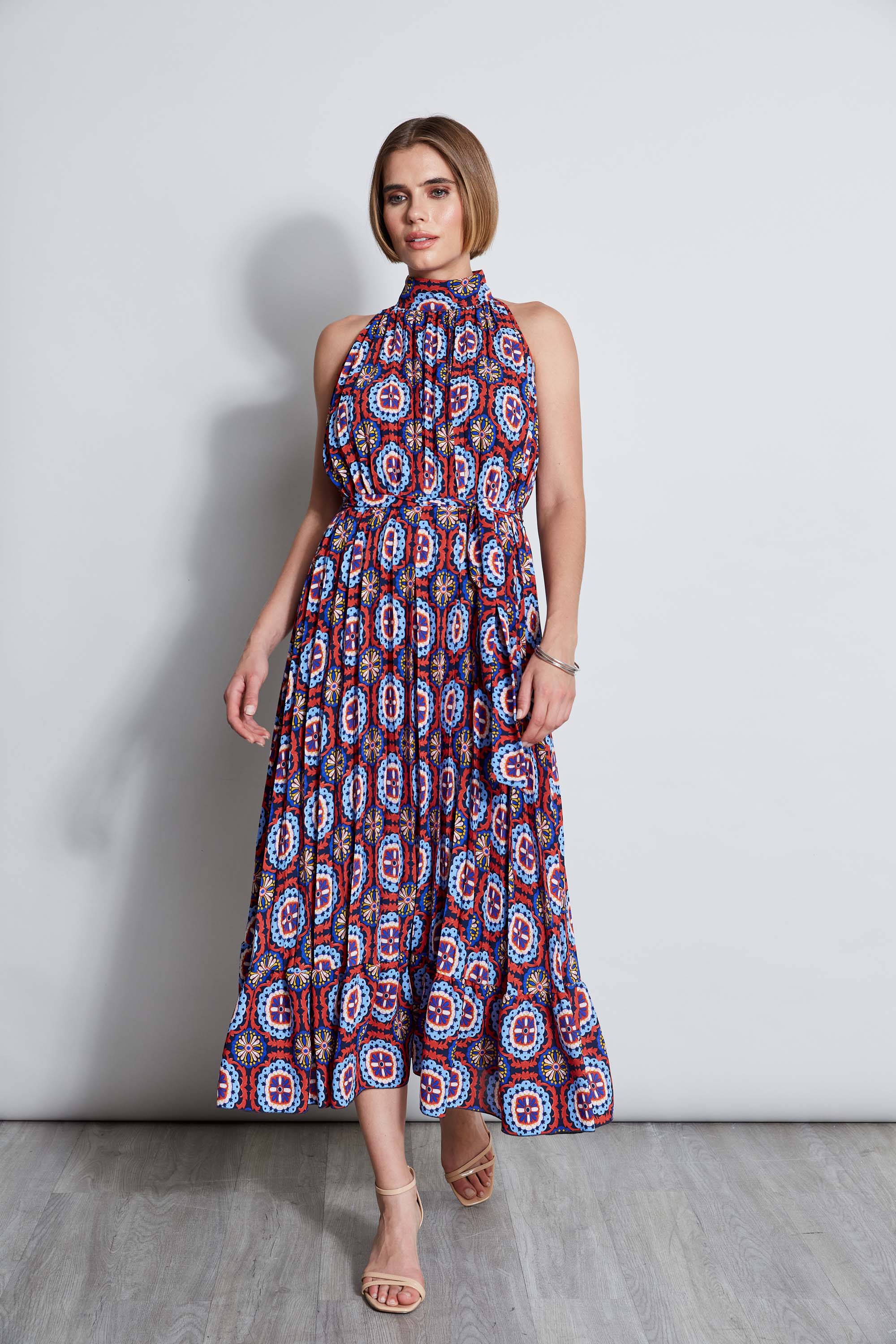 Tahari Pleated Print Halter Midi Dress for Women - Flowy Summer Cocktail Party Dress for Weddings, Dinners & Special Occasions