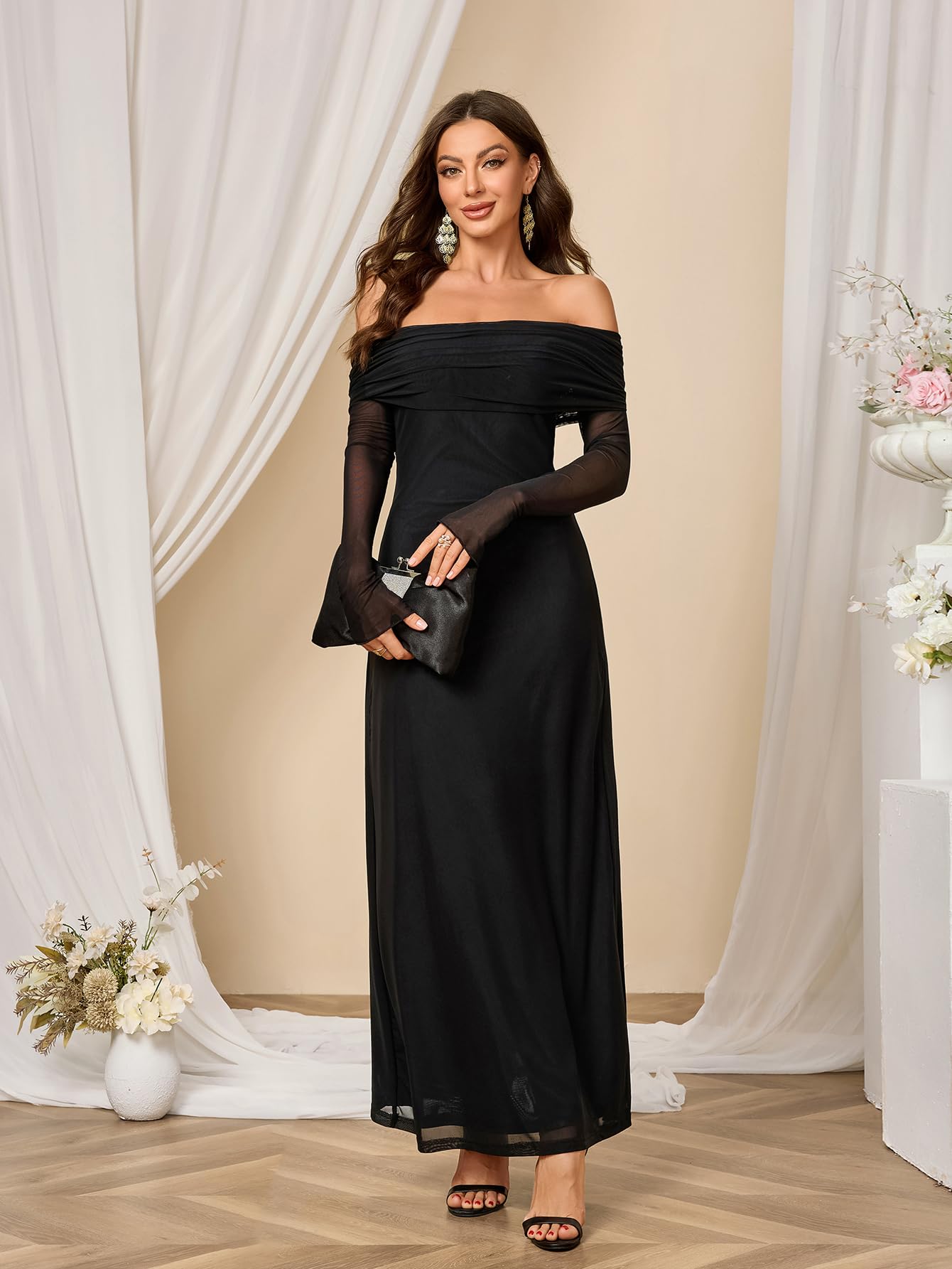 Colysmo Women's Long Sleeve Mesh Off Shoulder Bodycon Maxi Dress - Elegant Formal Wedding Guest & Party Gown for Evening Events, Prom, Cocktail Dinners
