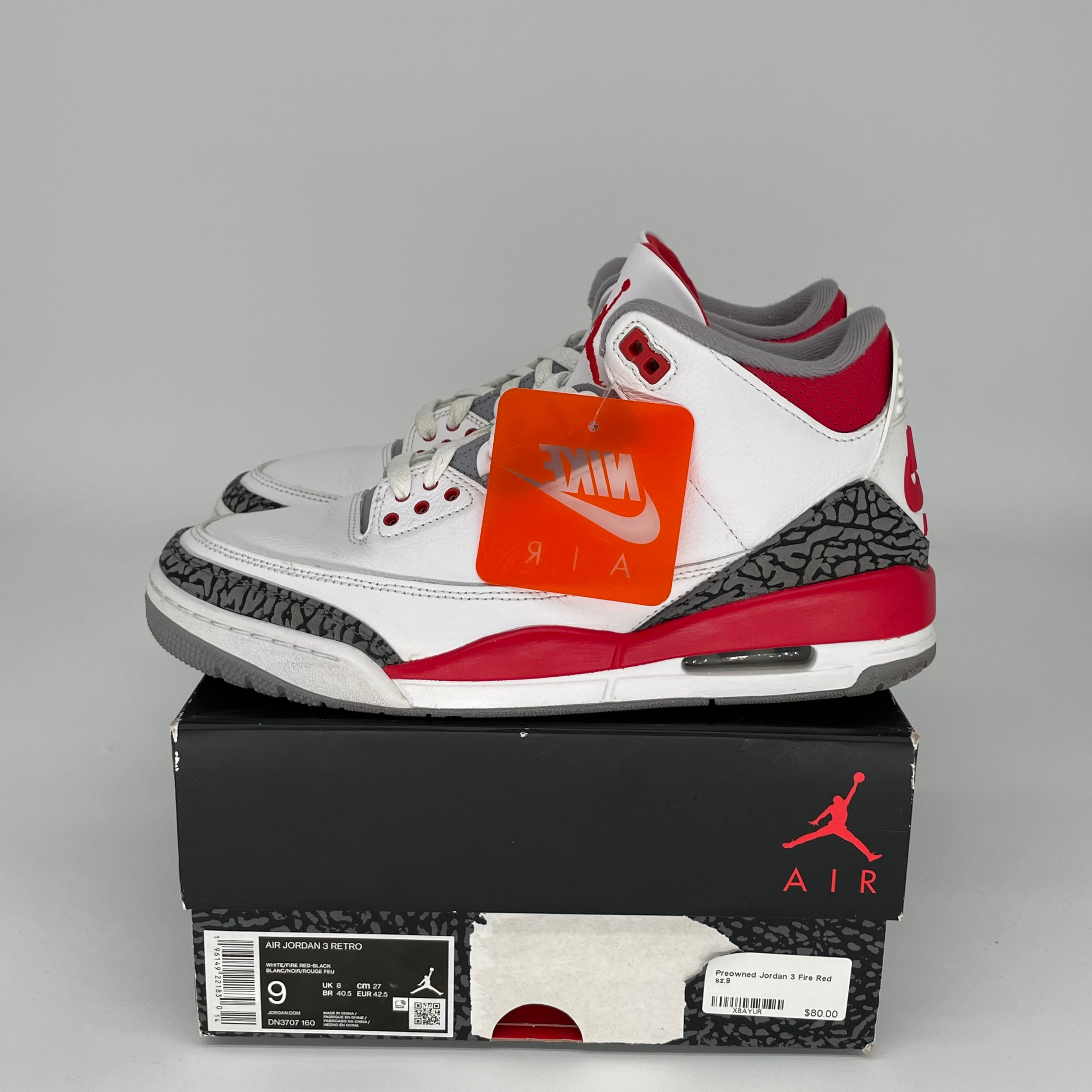 Original Air Jordan 3 Retro 'Fire Red' Men's Basketball Shoes Size 9 DN3707-160 - Perfect for Streetwear, Sneaker Collecting & Casual Sports
