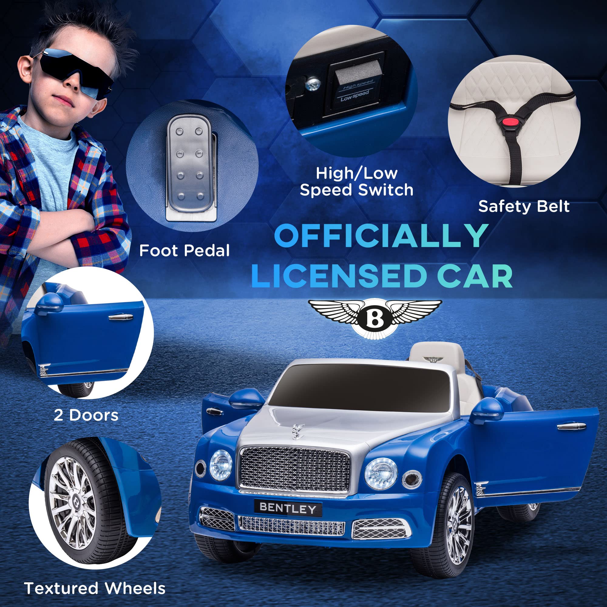 Aosom Bentley Mulsanne 12V Kids Ride-On Car with Remote Control - Battery Powered Toy Car with LED Lights, MP3 Player, Suspension & Realistic Sounds - Perfect for Outdoor Play & Birthday Gifts for Boys & Girls Ages 3-8