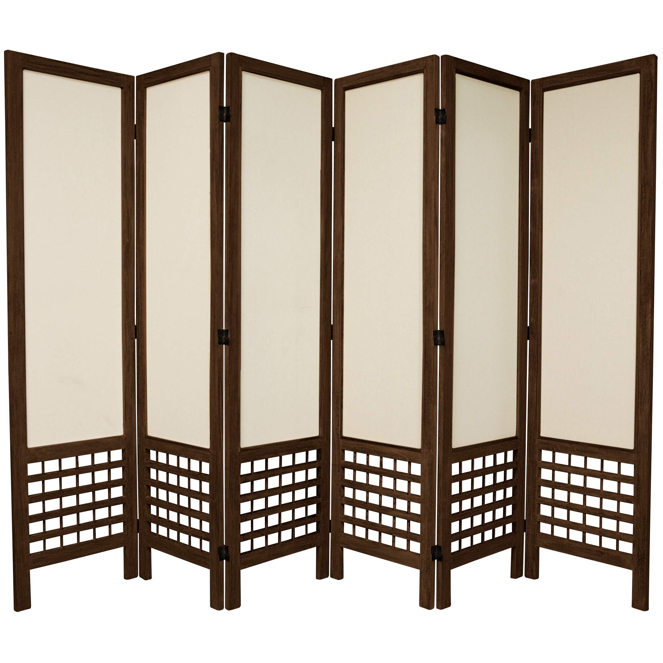 6-Panel Red Lantern 5.5 ft Tall Open Lattice Fabric Room Divider - Burnt Brown Folding Screen for Home, Office, and Event Decor