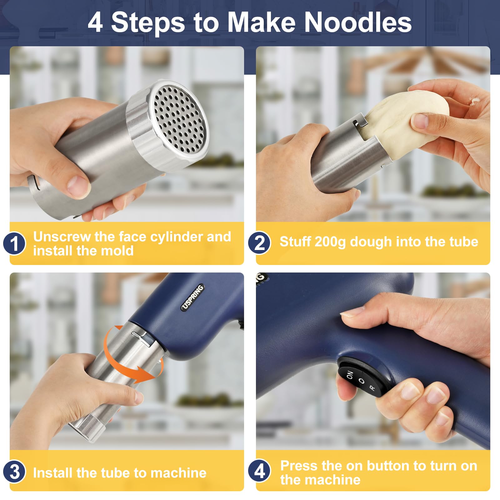 Uspring 5-in-1 Cordless Electric Pasta Maker Machine - Handheld Automatic Noodle Press with Dough Cutter for Homemade Spaghetti, Fettuccine & More - Perfect for Kitchen, Camping & Small Space Cooking (Blue)