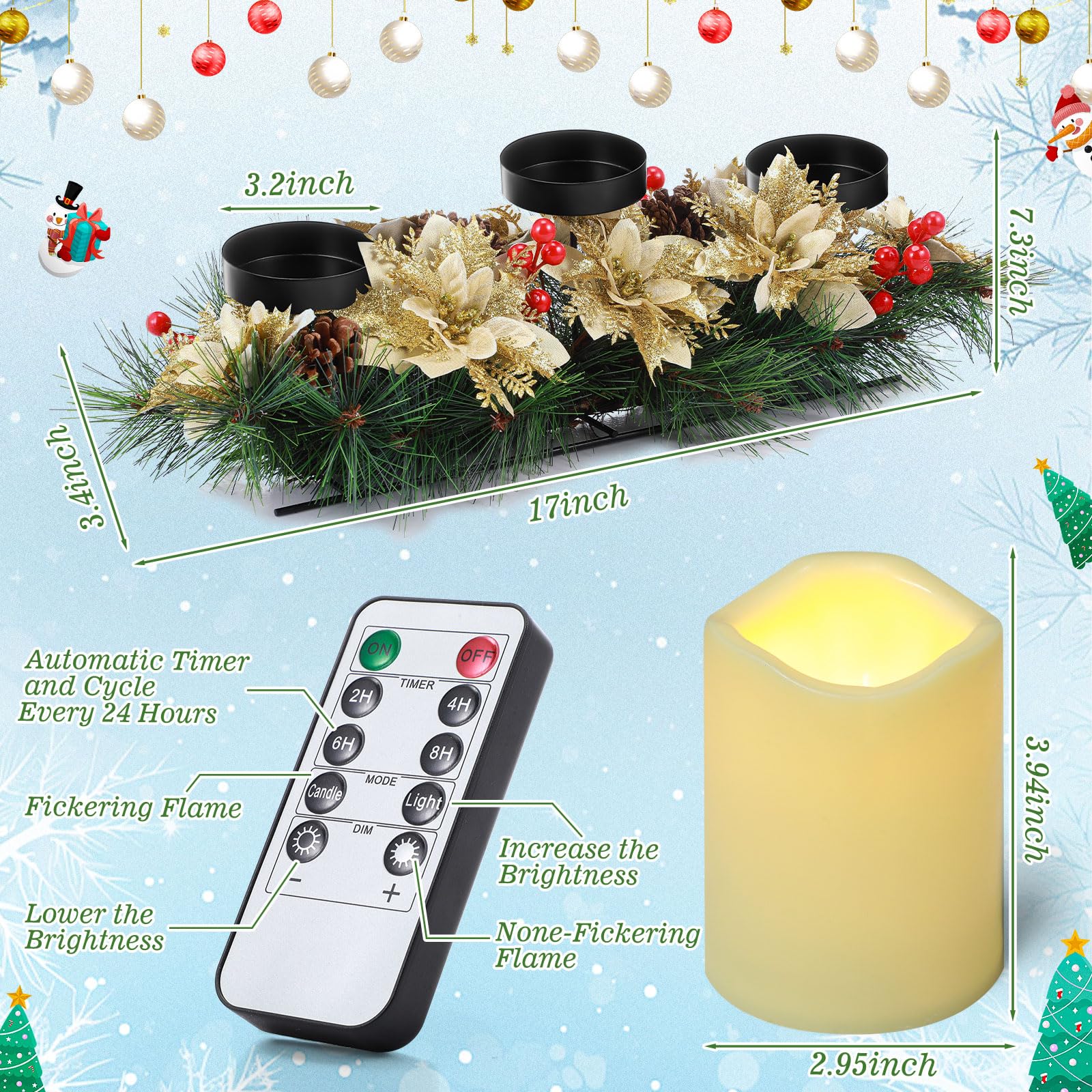 17 Inch Gold Artificial Christmas Candle Holder Centerpiece with 3 Ivory White Flameless Flickering Candles - Remote Control & Timer - Holiday Table Decor for Christmas Party, Dining Room, Fireplace Mantel