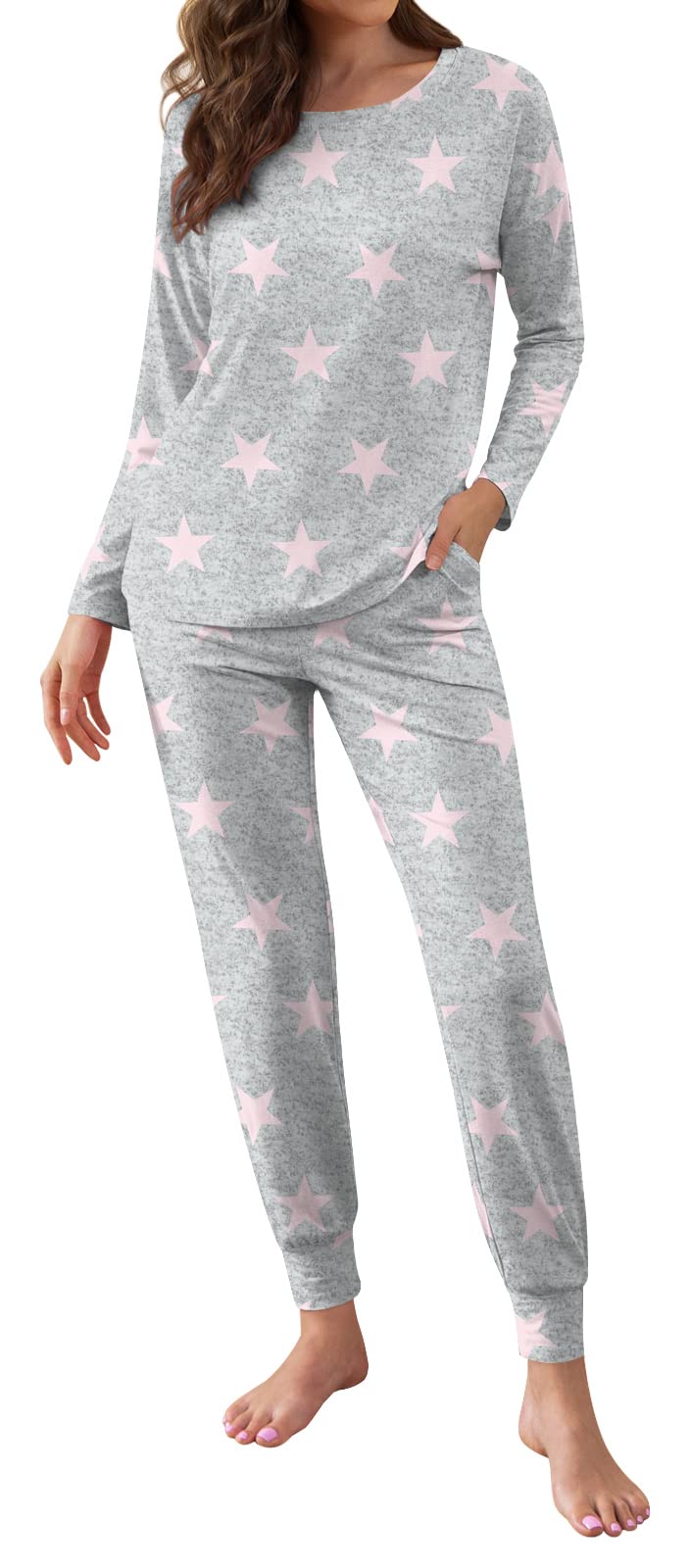 DUSDIMON Women's Long Sleeve Pajama Set - Soft Cotton Sleepwear with Pockets, Loose Fit Two Piece Outfits for Lounge & Nightwear | Perfect for Relaxing at Home, Sleepovers and Cozy Evenings