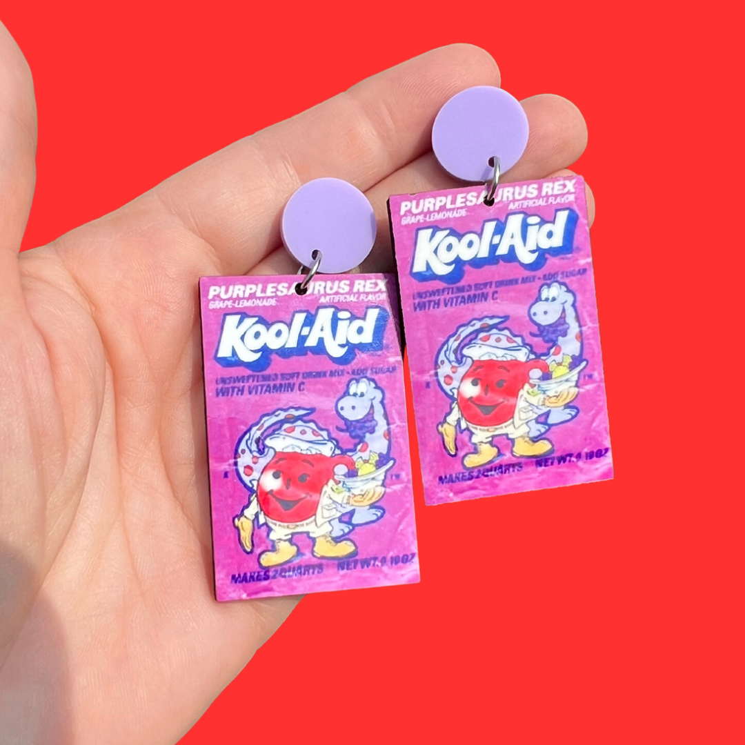 Purplesaurus Rex Drink Dangle Earrings - Fun Dinosaur Themed Jewelry for Women | Perfect for Parties, Cosplay & Jurassic Lovers