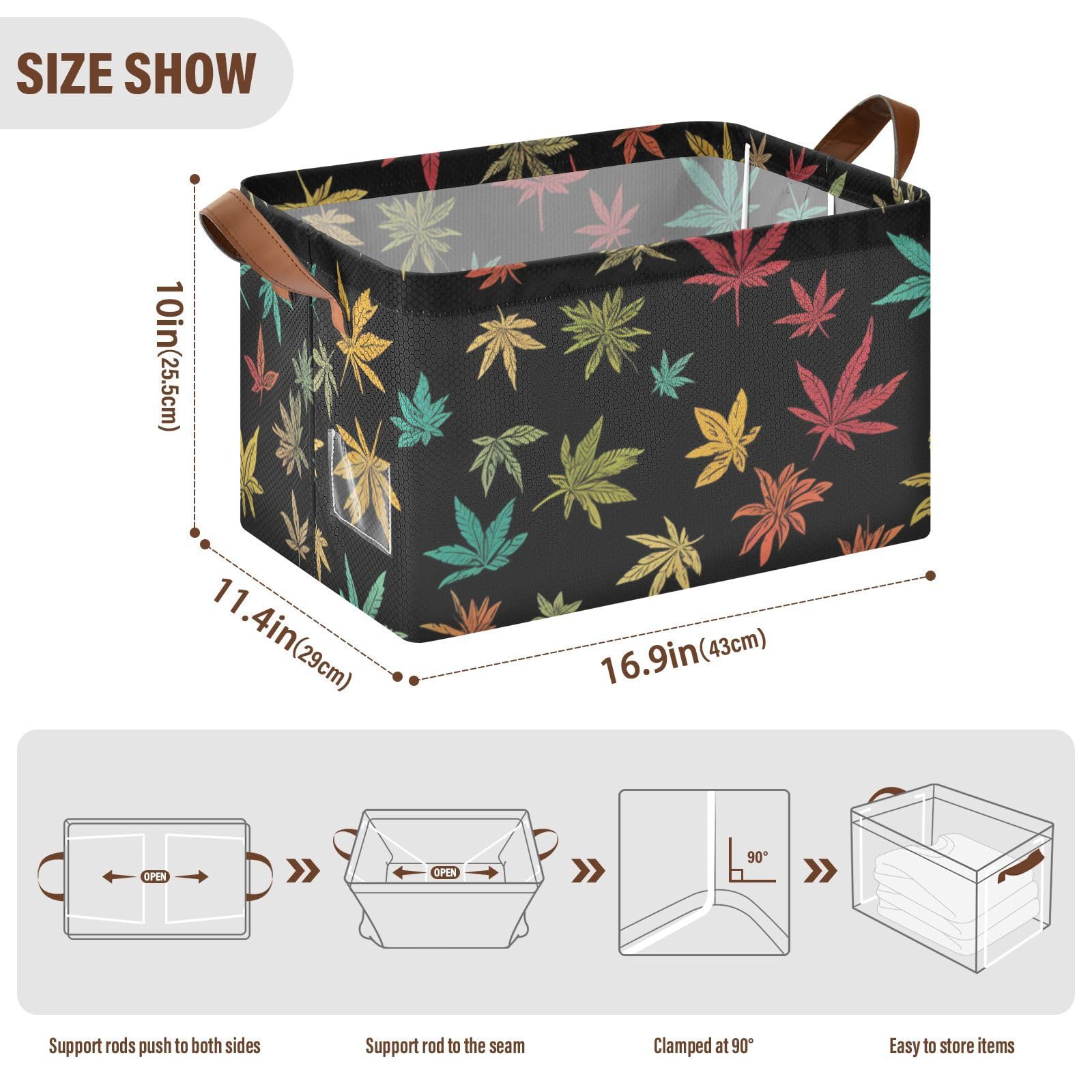 Colorful Maple Leaf Pattern Fabric Storage Baskets with Handles - 2 Pack Organizer Bins for Closet, Shelves, Drawers, Desktop | Perfect for Playroom, Classroom, Office & Home Organization