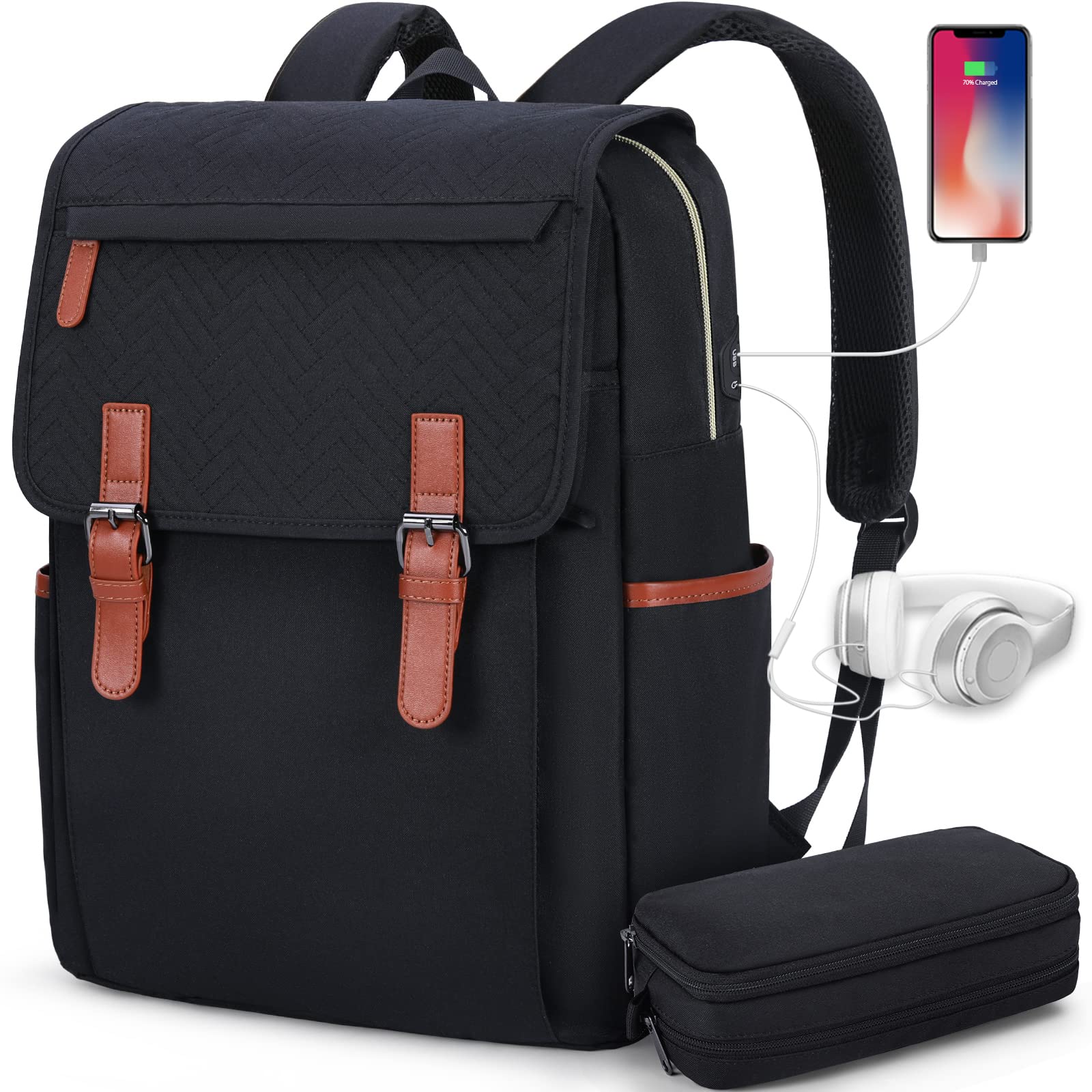 Vintage Waterproof Anti-Theft Laptop Backpack for Women & Men - 15.6 Inch College School Travel Backpack with Pencil Case - Perfect for High School, Business, Work & Daily Commute (Black)