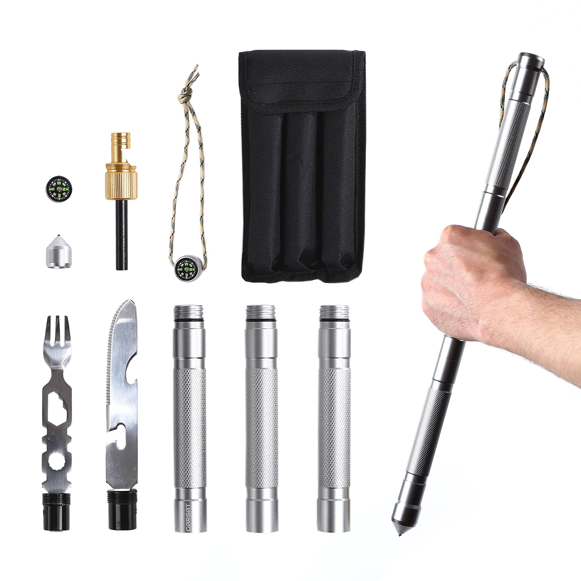 Garsat 6-in-1 Tactical Multi-Tool Survival Hiking Stick - Camping Gear with Knife, Fork, Emergency Glass Breaker, Whistle & Compass - Perfect for Outdoor Adventures, Hiking, Camping & Emergency Preparedness