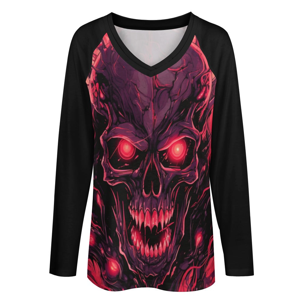 Evil Smiling Skull Print Long Sleeve Loose Fit T-Shirt for Men - Gothic Streetwear, Halloween Costume & Rock Concert Outfit