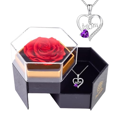 Six Preserved Roses Gifts Box with Purple Gemstone Mom Necklace