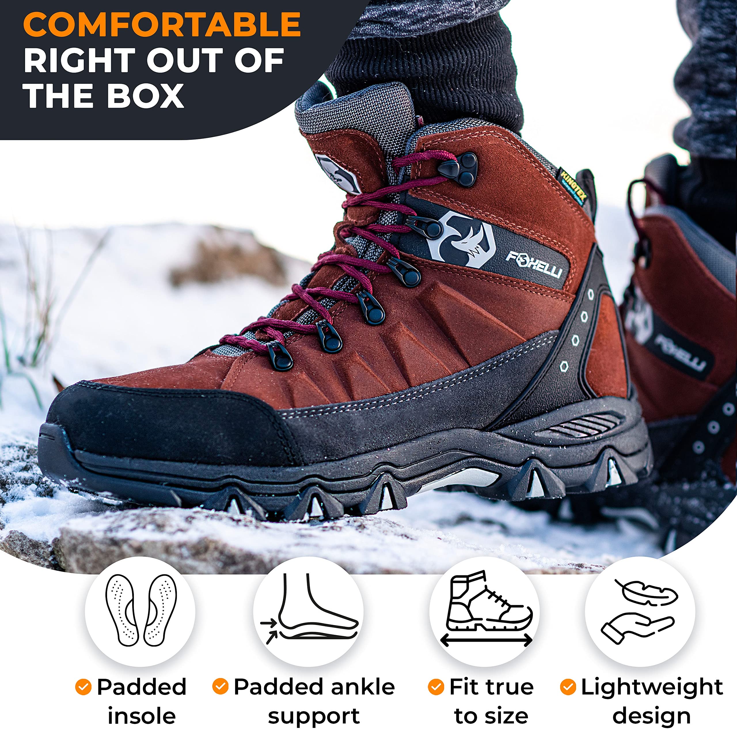 Foxelli Men's Waterproof Hiking Boots - Lightweight Breathable Suede Leather Outdoor Shoes for Trekking & Camping | Perfect for Mountain Trails, Backpacking & Everyday Wear