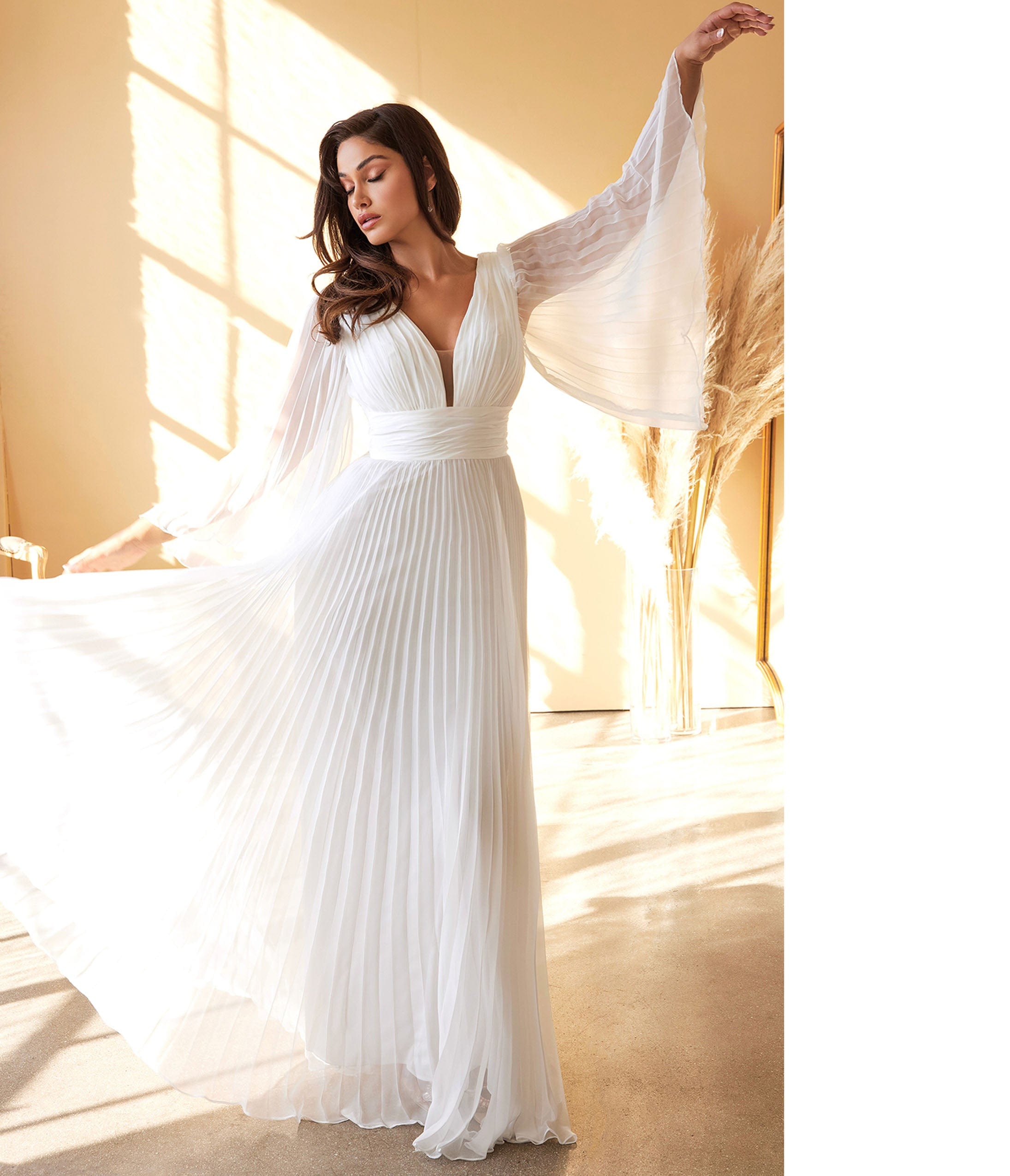 Cinderella Divine White Pleated Bridal Gown - Elegant Wedding Dress for Bride | Perfect for Church Ceremony, Beach Wedding & Formal Reception