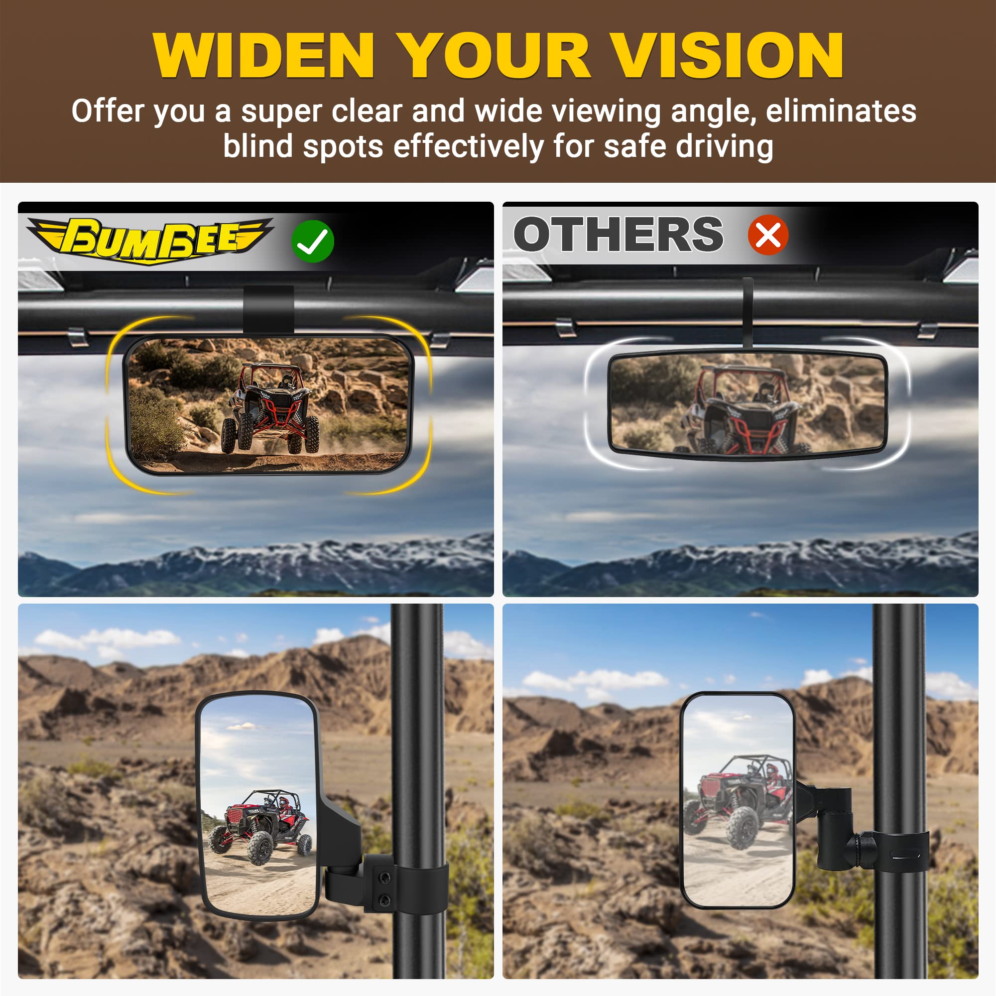 BUMBEE UTV Side Mirrors and Center Mirror - Adjustable Rearview Mirrors for 1.6-2