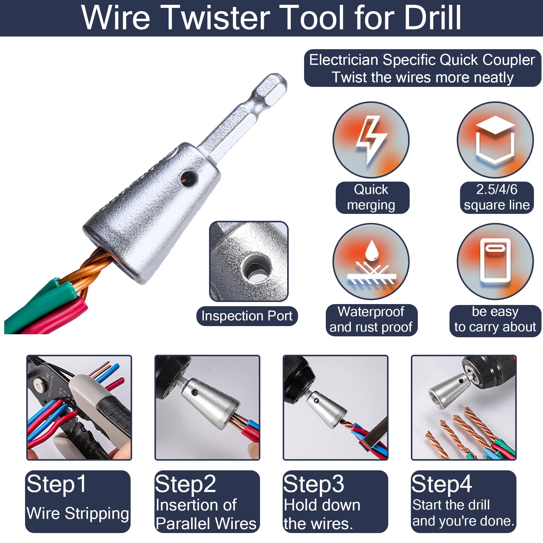Professional Wire Stripping and Twisting Tool for Drill - Adjustable Electric Wire Stripper for 10-14 AWG Cables - Quick Stripping and Connector - Ideal for Electricians, DIY Projects, and Home Repairs