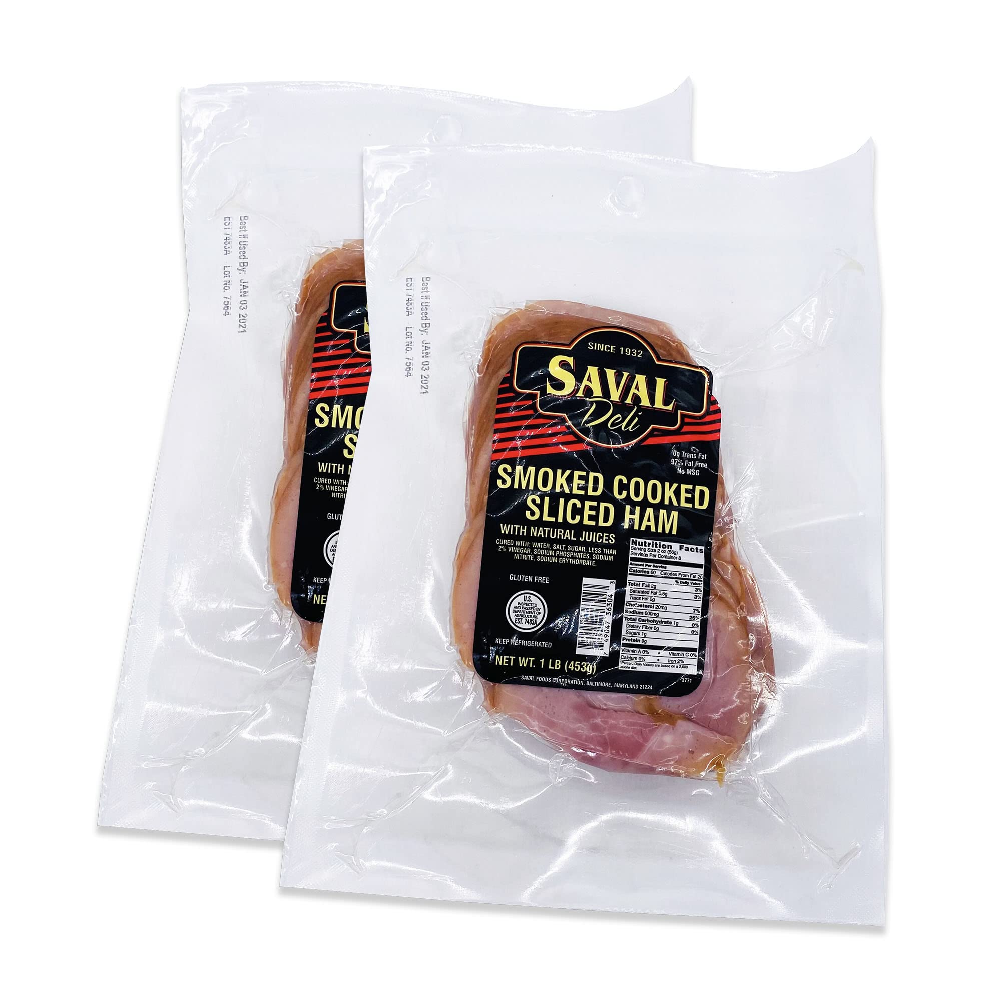 Premium Smoked Ham Slices - Gluten Free, 1 Pound (Pack of 2) | Saval Deli | Perfect for Sandwiches, Charcuterie Boards & Holiday Meals