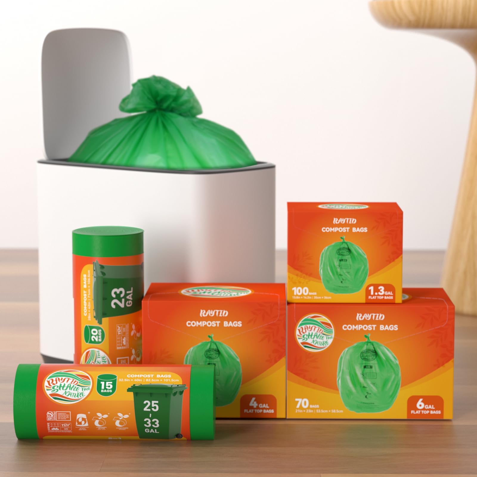 Eco-Friendly Compostable Trash Bags - 6 Gallon (30 Liter) Heavy Duty 0.85 Mils for Food Scraps & Yard Waste | Fits 5-6-8 Gallon Kitchen Trash Cans | 100 Count Pack | ASTM D6400 Certified, BPI & OK Compost HOME Certified | Perfect for Sustainable Kitchen Waste Disposal & Organic Gardening