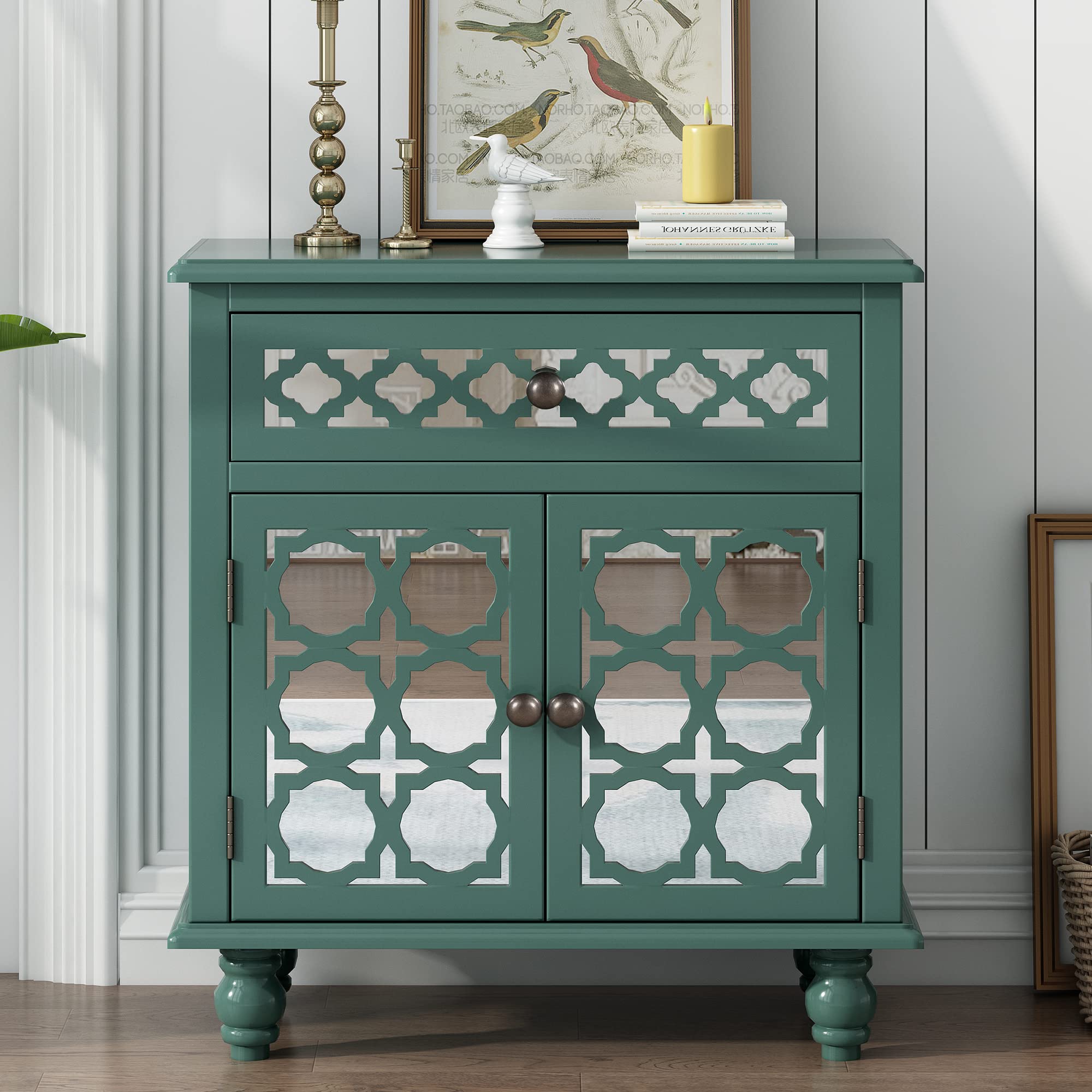 JSKJ Wooden Storage Cabinet with Mirror Door & Drawer - Accent Sideboard for Entryway, Living Room, Bedroom - Easy Assembly, Modern Home Decor (Green) - Perfect for Organizing Shoes, Books & Displaying Decor Items