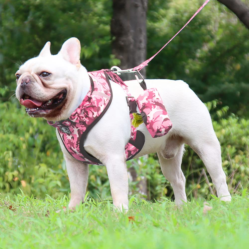 **Adjustable Reflective No-Pull Dog Harness & Leash Set for Small Dogs & Puppies - Pink Camouflage Vest with Bow-Tie Collar & Poop Bags (Size S) - Perfect for Walking, Training & Outdoor Adventures**