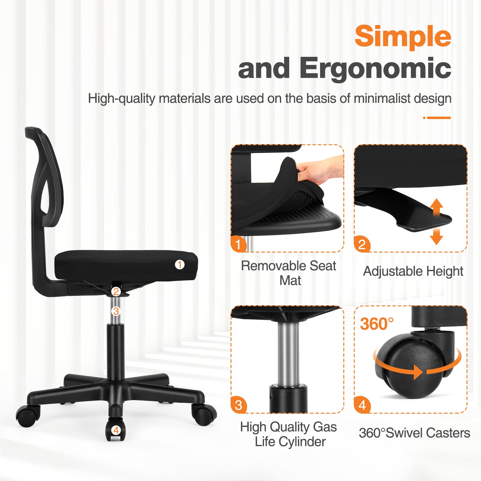 Ergonomic Armless Small Home Office Desk Chair - Adjustable Low Back Computer Chair with Lumbar Support & Rolling Swivel Wheels for Small Spaces (1 Pack) - Perfect for Compact Home Offices, Dorm Rooms & Workspaces
