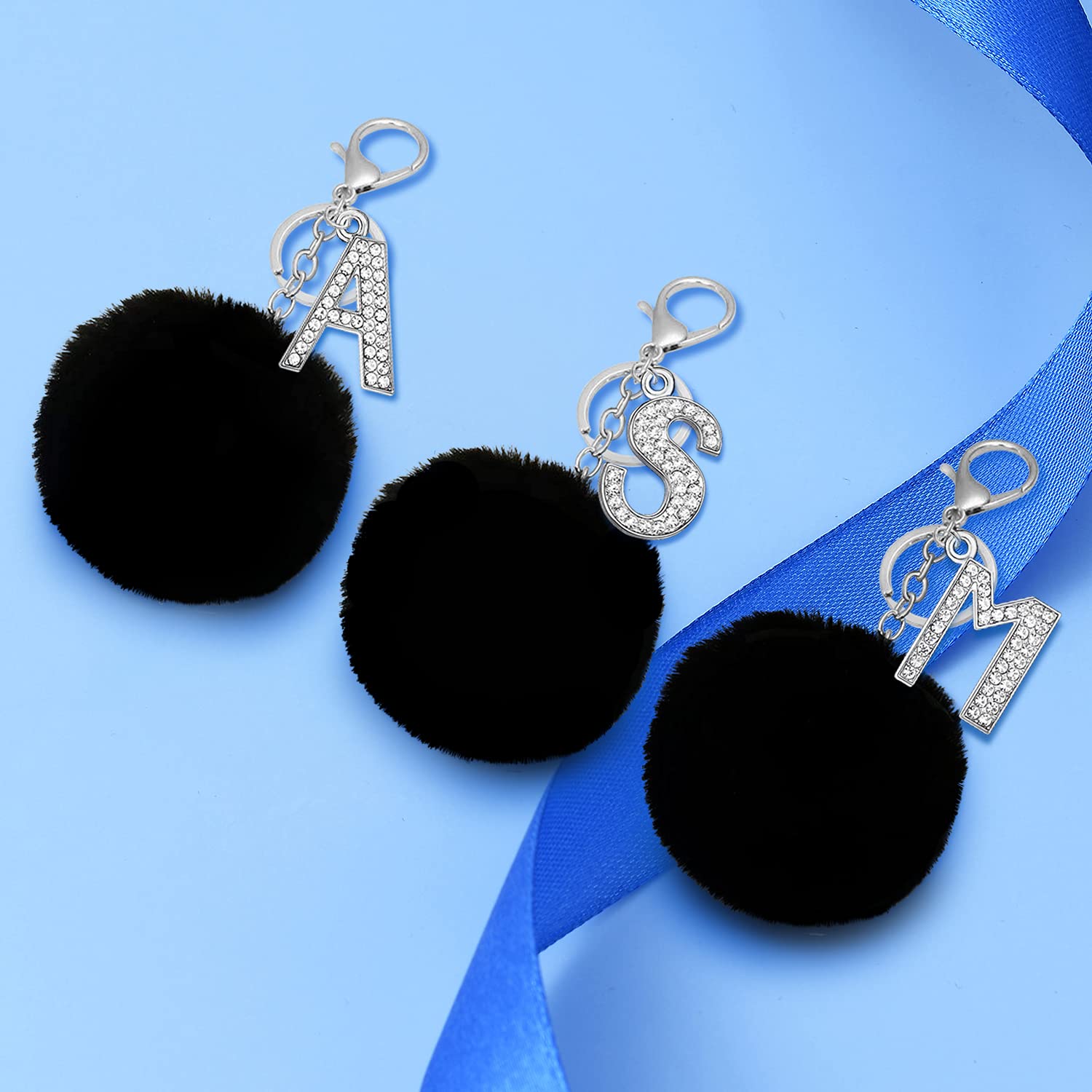 Malyunin Initial Keyring - Personalized Alphabet Keychain with Pom Pom & Shiny Crystal for Women & Girls - Unique Birthday Gift & Friendship Keychain for Bags, Keys & Gifts