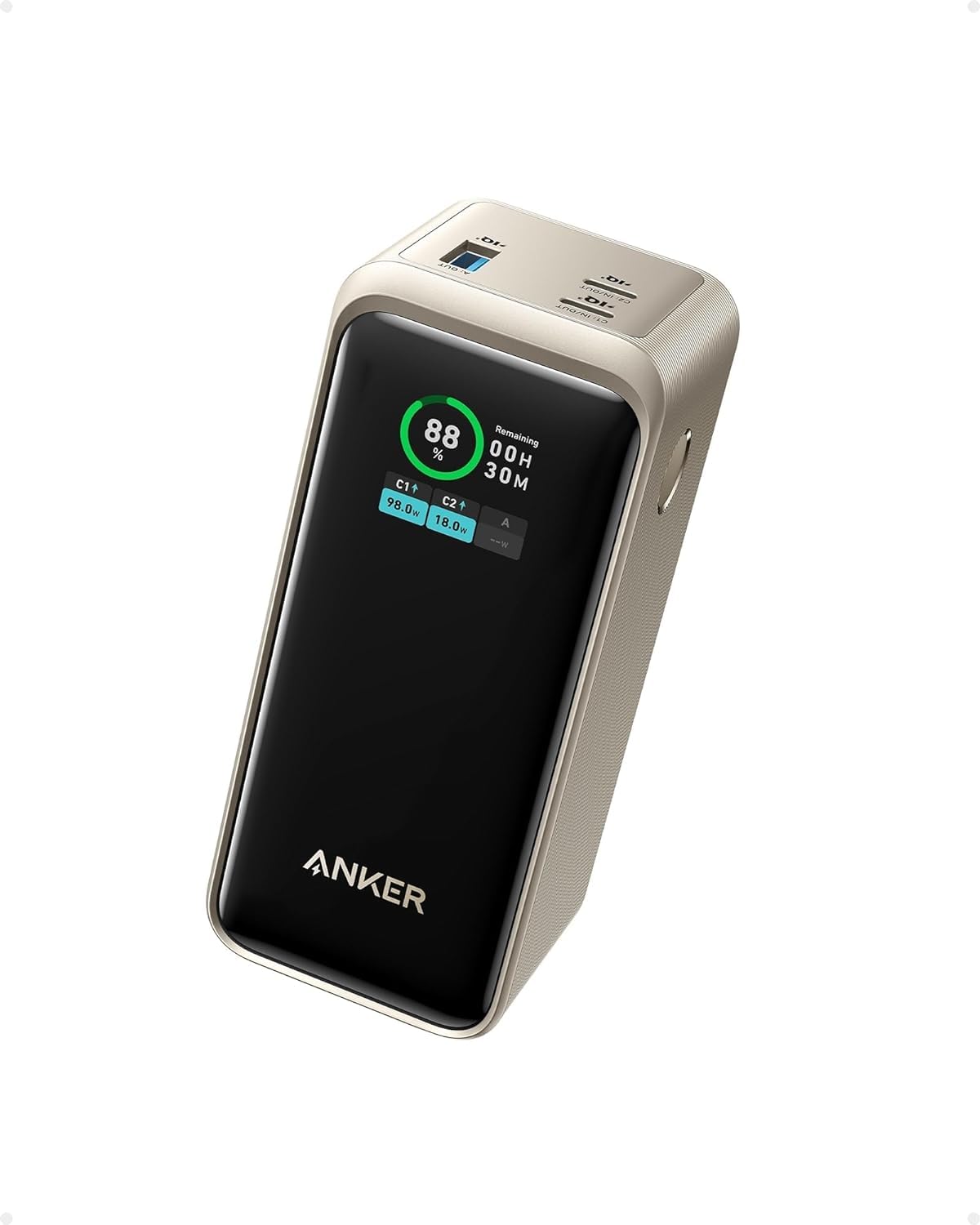 Anker Prime 20000mAh 200W Power Bank with Digital Display - Dual USB-C & USB-A Ports for iPhone 14/13, Samsung Galaxy, MacBook, Dell Laptops - Fast Charging Portable Battery Pack (Gold) | Perfect for Travel, Camping & Emergency Power Backup