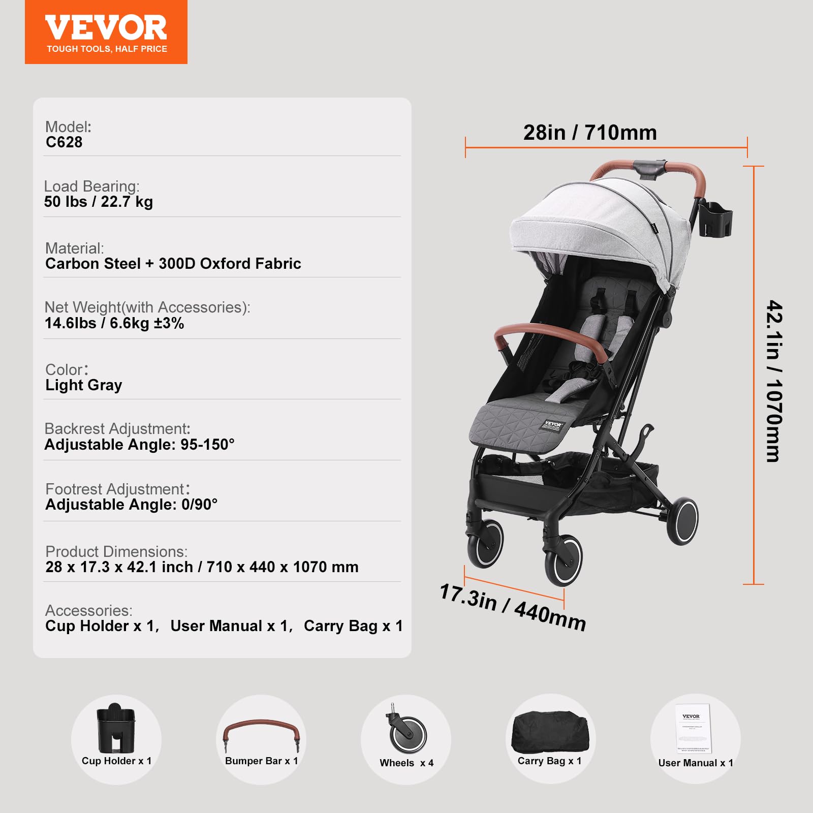 VEVOR Lightweight Baby Stroller with Adjustable Backrest (95°-150°) & Footrest (0°-90°), One-Click Fold, Cup Holder & Carry Bag - Perfect for Newborns & Toddlers - Ideal for Shopping, Travel & Daily Walks (Light Grey)
