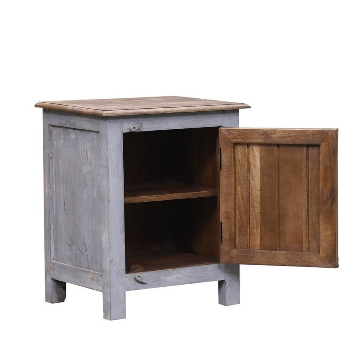 Hand Carved Reclaimed Wood Side Table with Lamp - Rustic Indian Decor for Living Room, Bedroom, or Office
