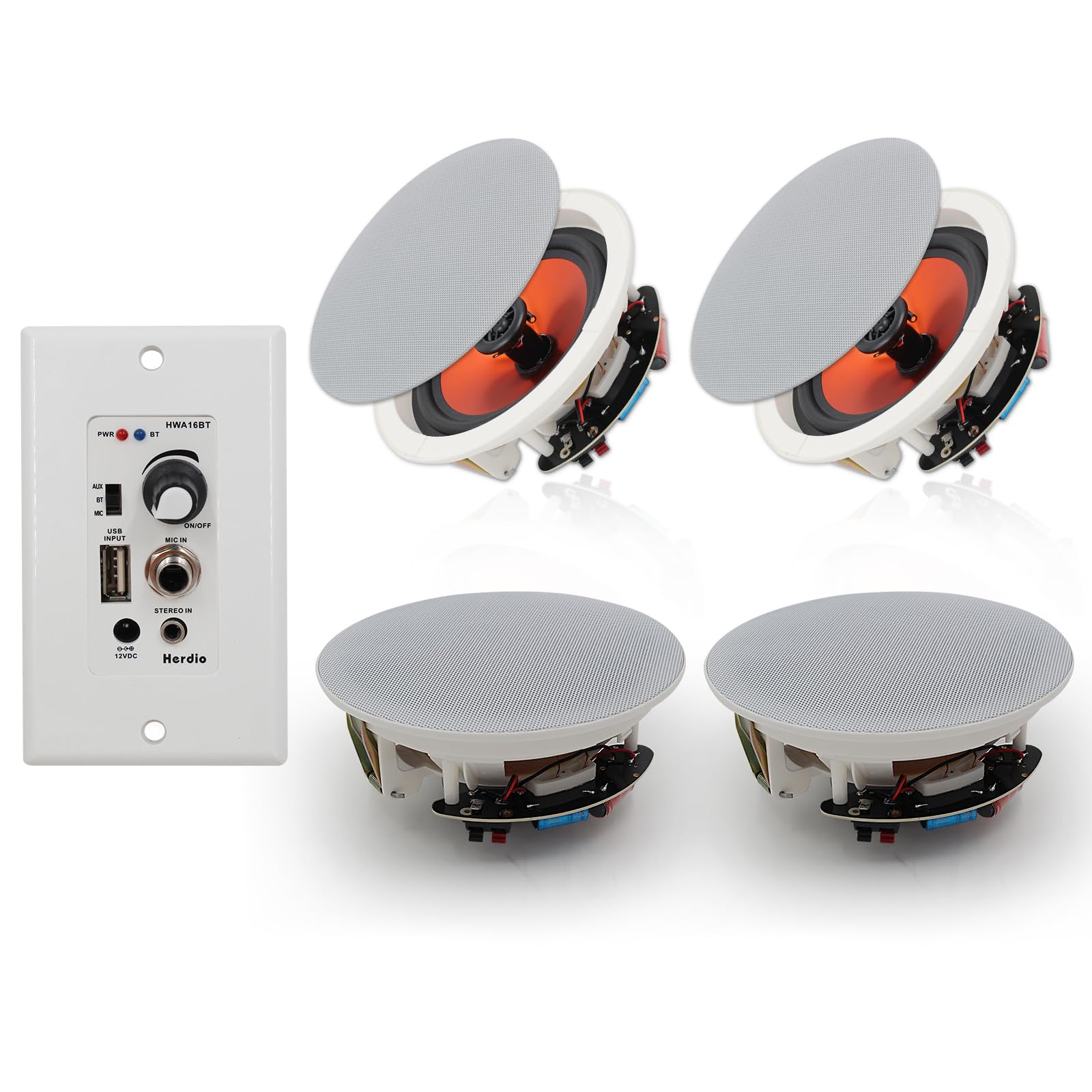 Herdio 6.5'' In-Wall In-Ceiling Bluetooth Speakers 600W 2-Way Flush Mount Speaker System with Amplifier for Home Theater, Office, Bathroom (2 Pairs, Paintable Grille) - Perfect for Multi-Room Audio, Background Music & Home Entertainment Systems